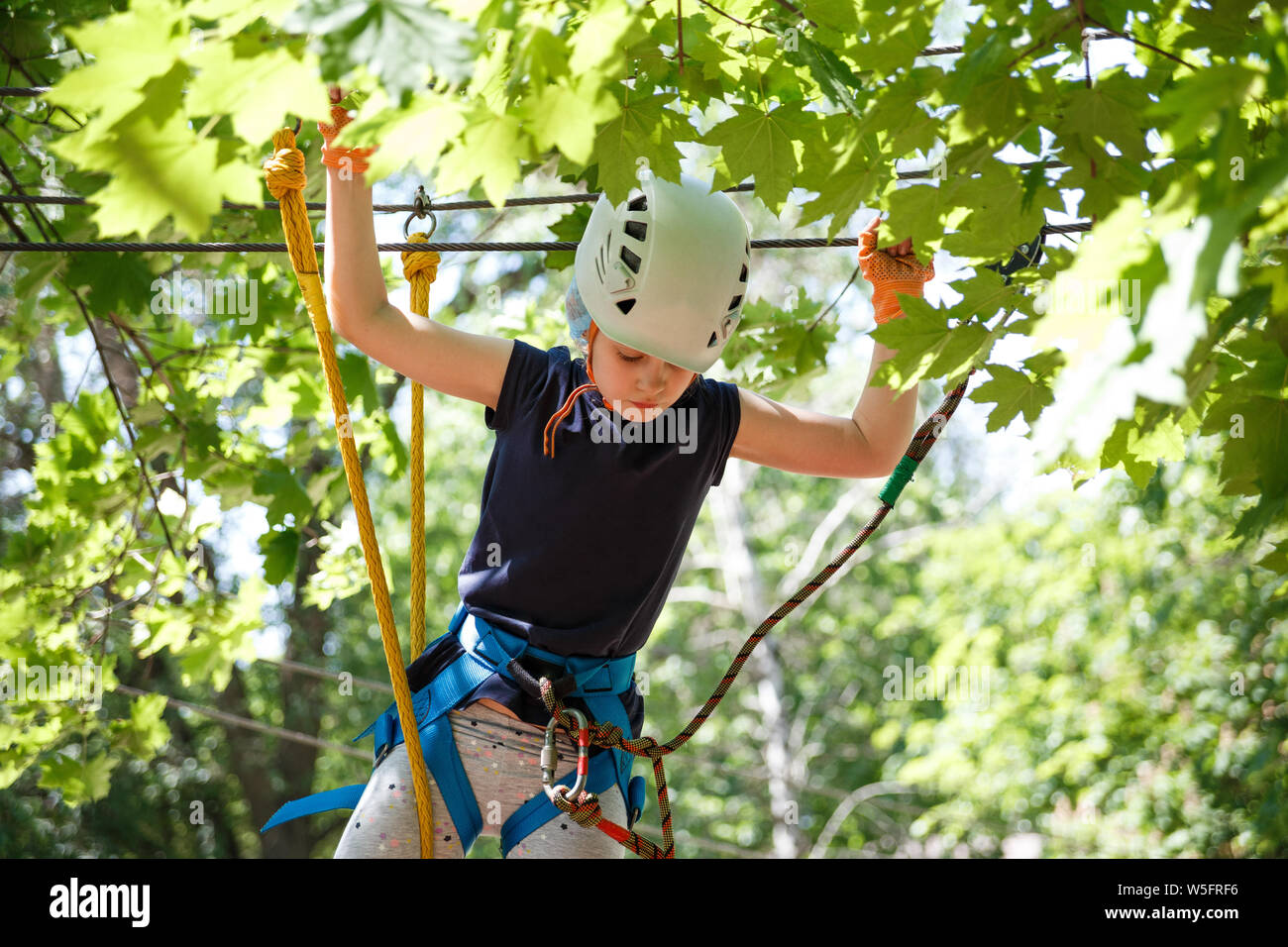 8 years old girl in forest adventure park. Child climb on high rope trail. Outdoor playground with rope way. Stock Photo