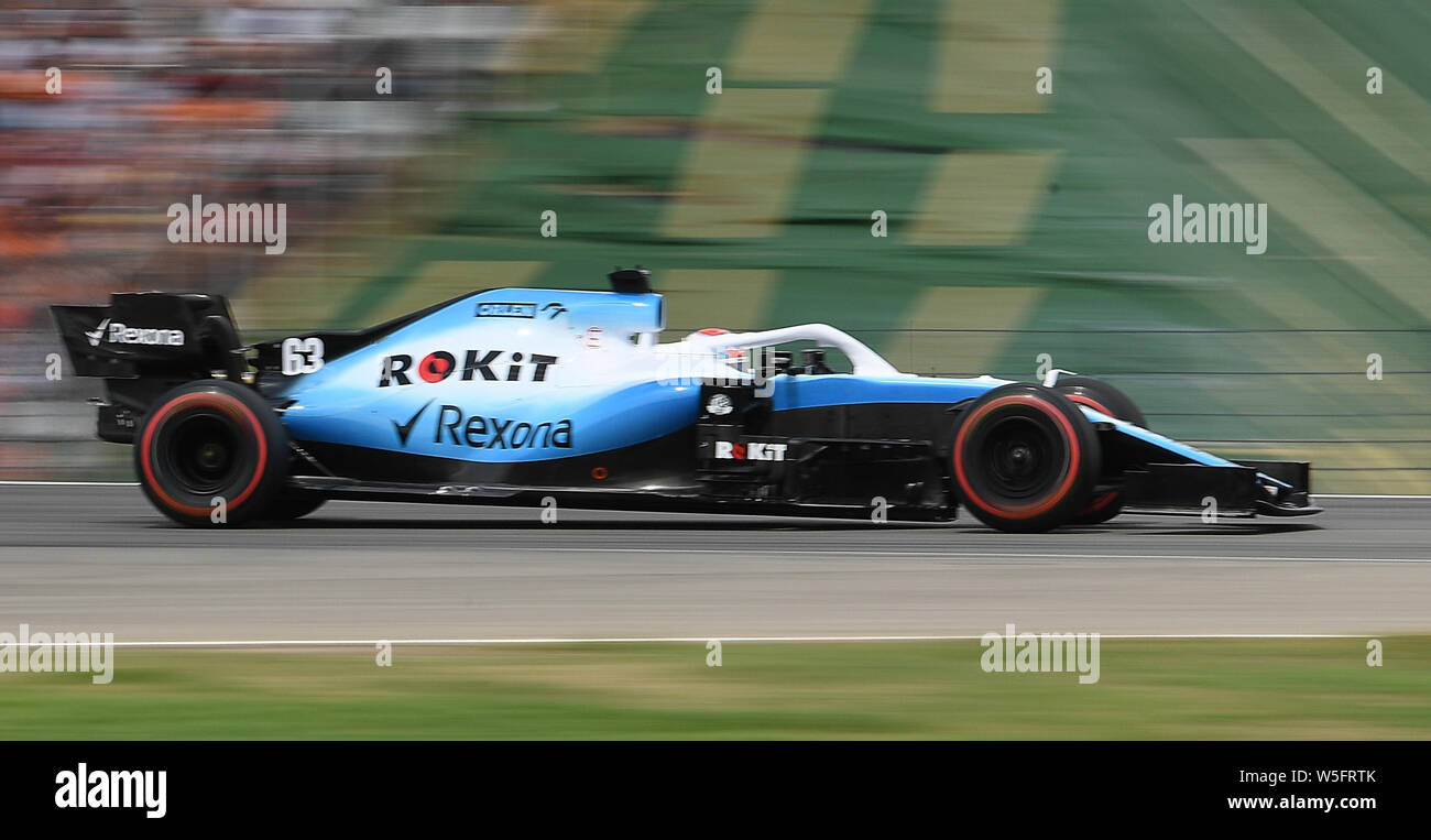 Hockenheim, Germany. 27th July, 2019. Motorsport: Formula 1 World Championship, Grand Prix of Germany. George Russell from Great Britain of Team Rokit Williams Racing drives in qualifying. Credit: Sebastian Gollnow/dpa/Alamy Live News Stock Photo