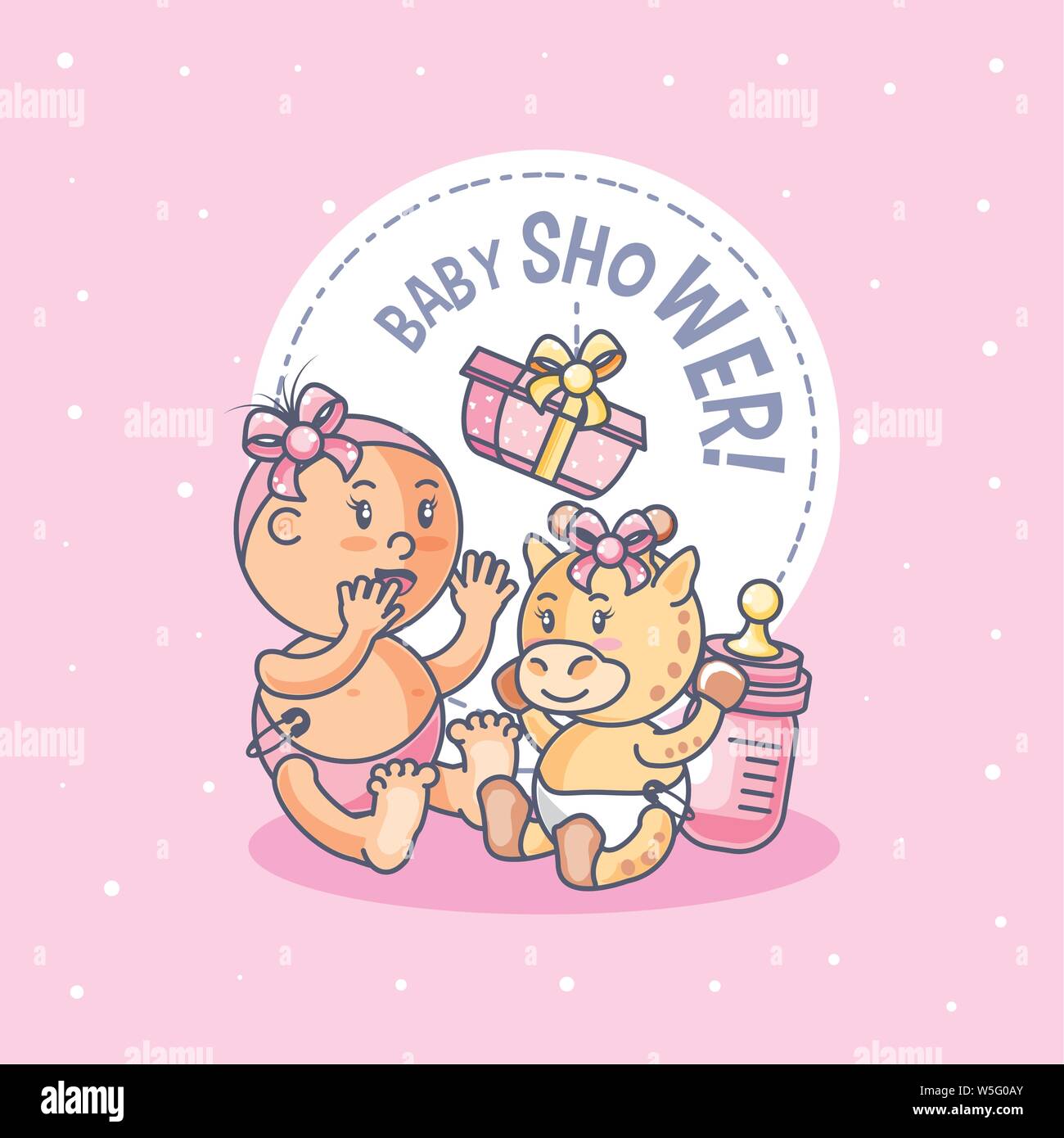 baby shower card with girl and stuffed giraffe vector illustration ...