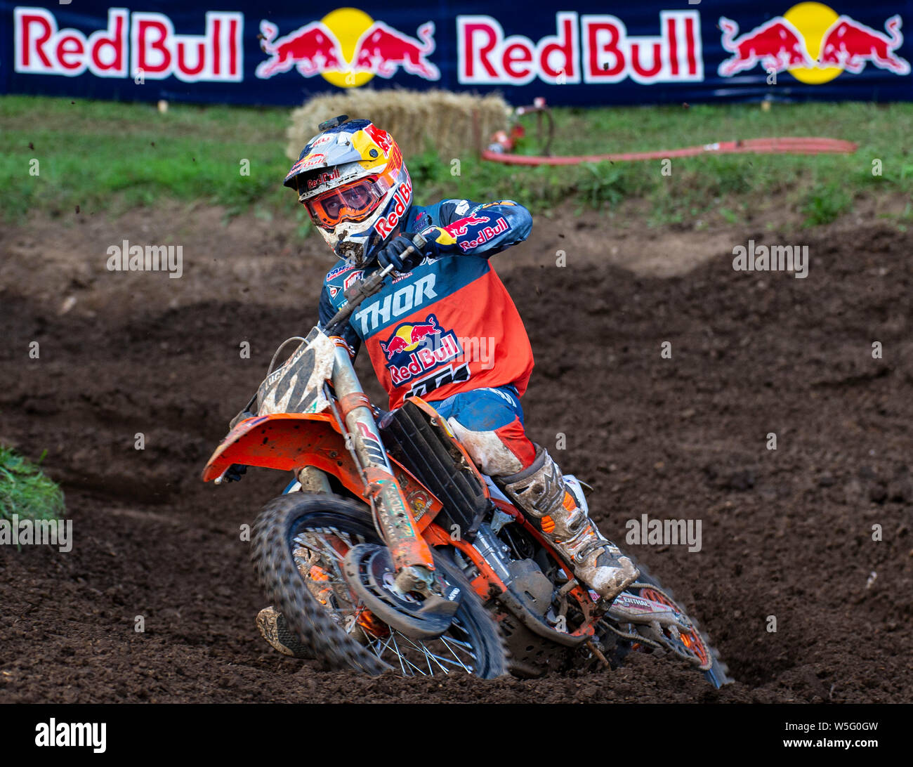Washougal, WA USA. 27th July, 2019. # 2 Cooper Webb coming out of turn 25 during the Lucas Oil Pro Motocross Washougal National 450 class championship at Washougal MX park Washougal, WA Thurman James/CSM/Alamy Live News Stock Photo