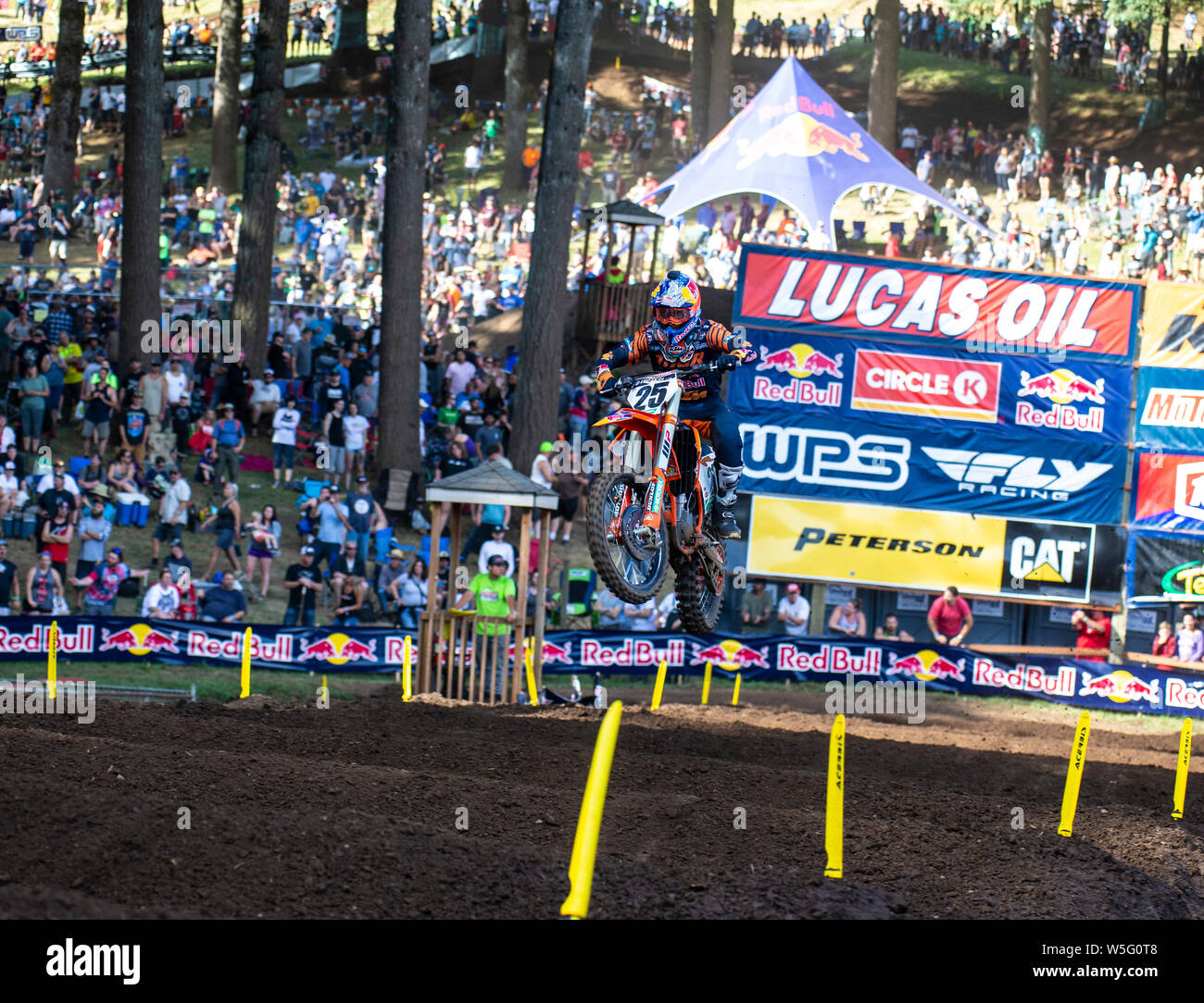 Washougal, WA USA. 27th July, 2019. # 25 Marvin Musqin gets air in the rhythm section during the Lucas Oil Pro Motocross Washougal National 450 class championship at Washougal MX park Washougal, WA Thurman James/CSM/Alamy Live News Stock Photo