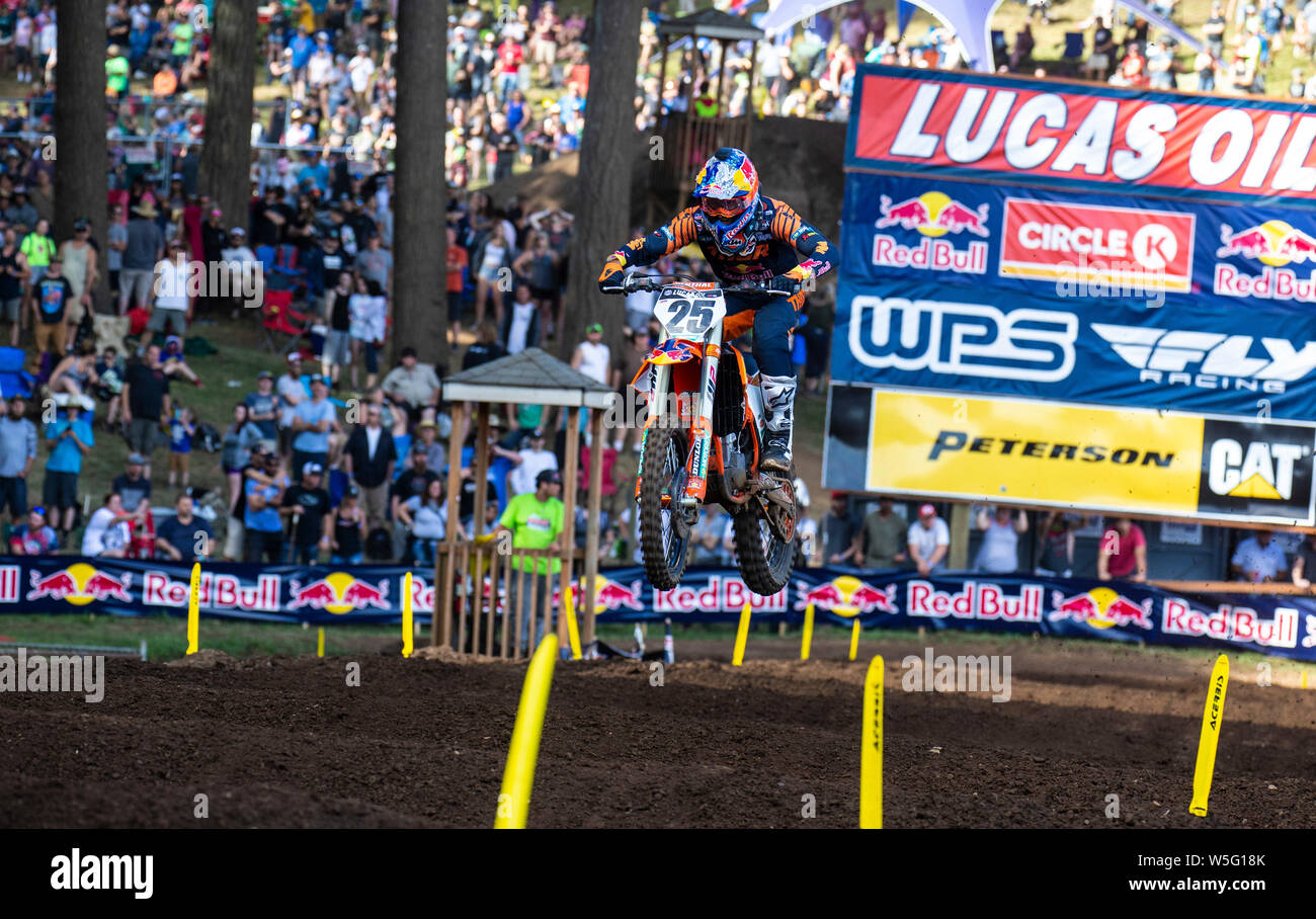 Washougal, WA USA. 27th July, 2019. # 25 Marvin Musqin gets air in the rhythm section during the Lucas Oil Pro Motocross Washougal National 450 class championship at Washougal MX park Washougal, WA Thurman James/CSM/Alamy Live News Stock Photo