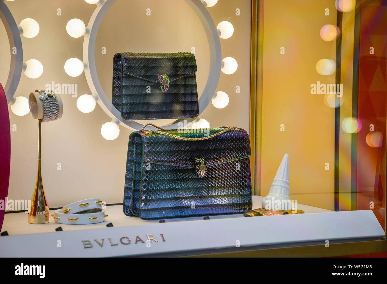 Milan, Italy - September 21, 2018: Bulgari store in Milan. Montenapoleone area. Fashion week Bulgari shopping. Stock Photo