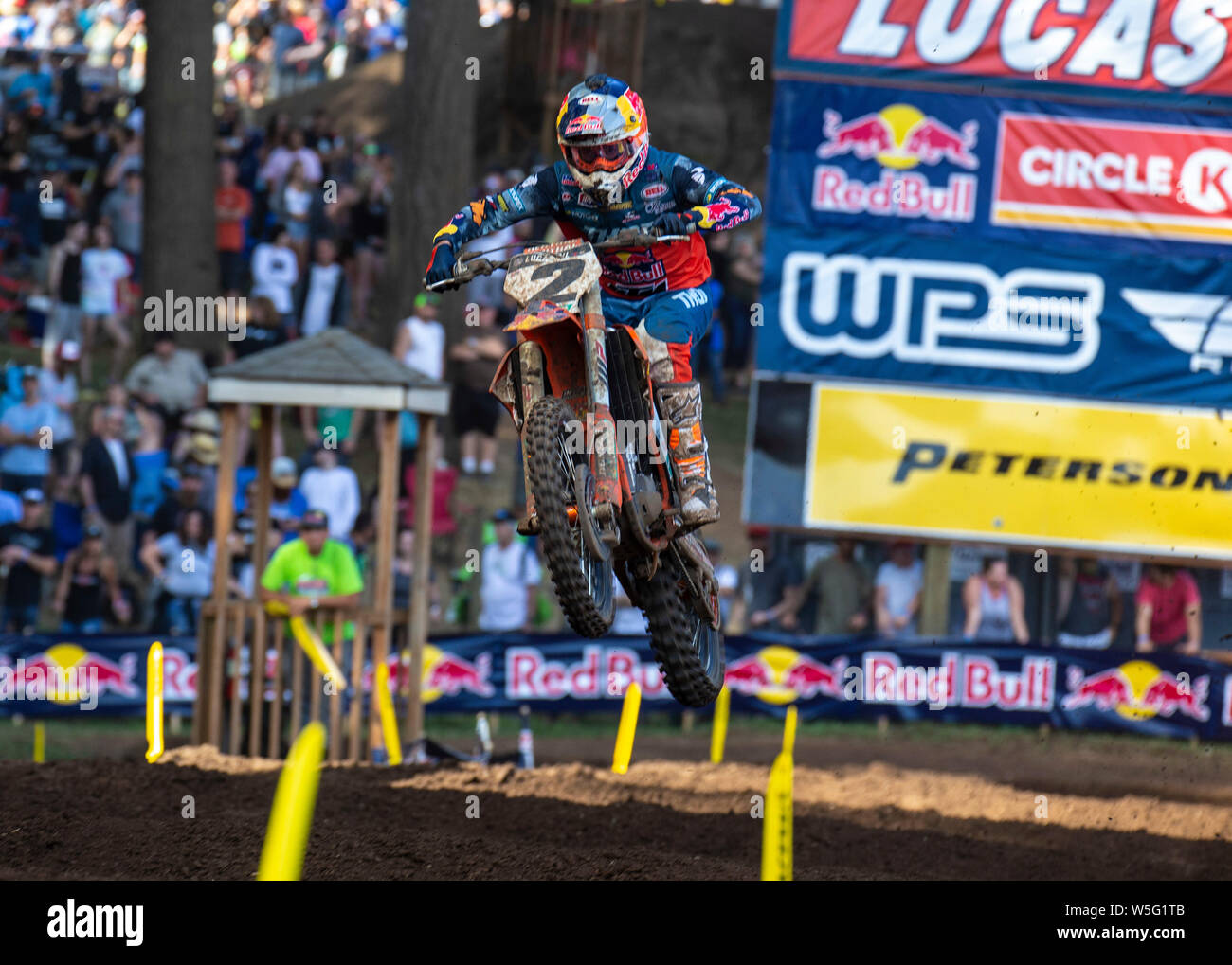 Washougal, WA USA. 27th July, 2019. # 2 Cooper Webb gets air in the rhythm section during the Lucas Oil Pro Motocross Washougal National 450 class championship at Washougal MX park Washougal, WA Thurman James/CSM/Alamy Live News Stock Photo