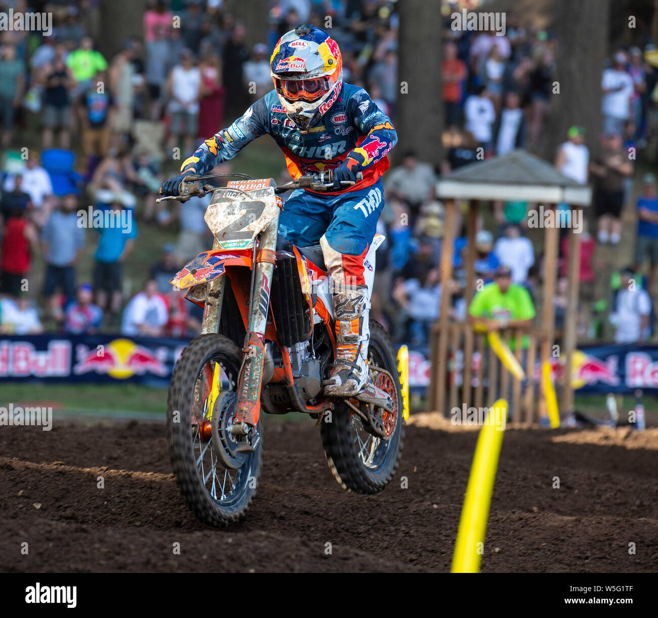 Washougal, WA USA. 27th July, 2019. # 2 Cooper Webb gets air in the rhythm section during the Lucas Oil Pro Motocross Washougal National 450 class championship at Washougal MX park Washougal, WA Thurman James/CSM/Alamy Live News Stock Photo