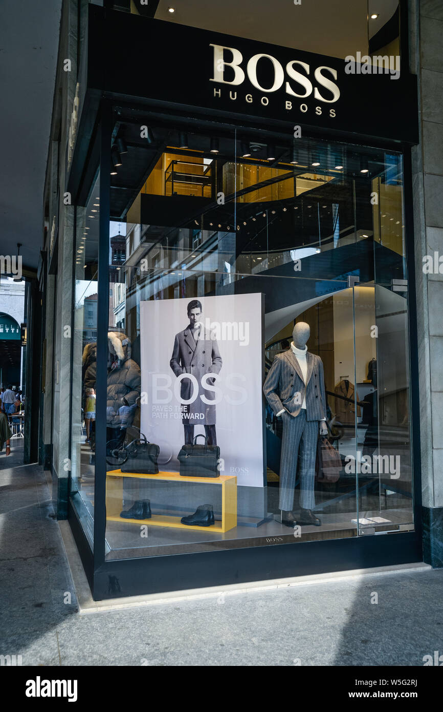 Milan, Italy - September 21, 2018: Hugo Boss store in Milan. Montenapoleone  area. Fashion week Hugo Boss shopping Stock Photo: 261582262 - Alamy