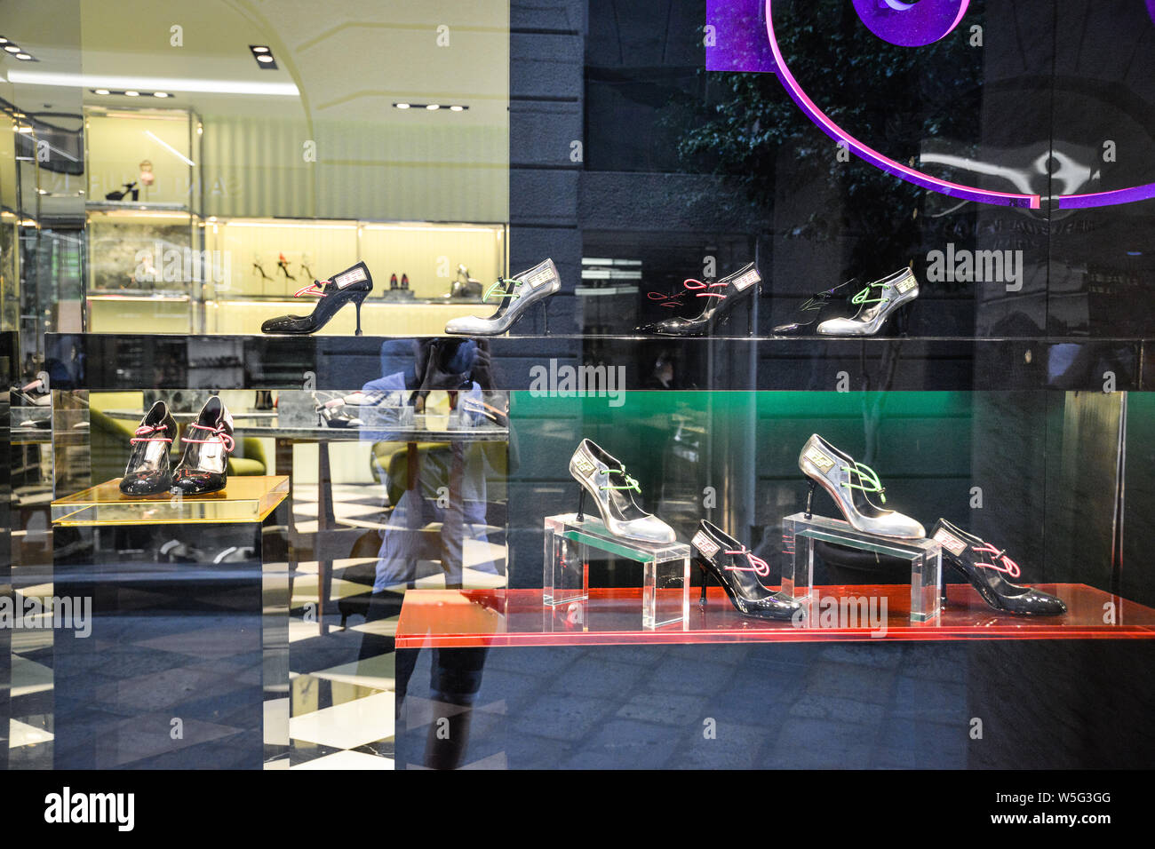 Milan, Italy - September 21, 2018: Prada store in Milan. Montenapoleone area. Fashion week Prada Stock Photo