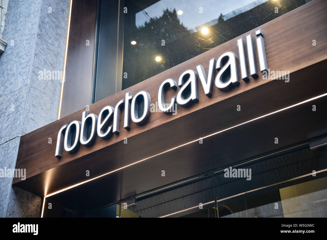 Milan, Italy - September 21, 2018: Roberto Cavalli store in Milan. Montenapoleone area. Fashion week Roberto Cavalli shopping. Stock Photo