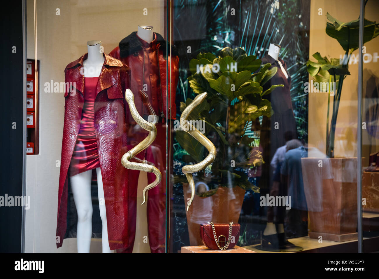 Milan, Italy - September 21, 2018: Roberto Cavalli store in Milan. Montenapoleone area. Fashion week Roberto Cavalli shopping. Stock Photo