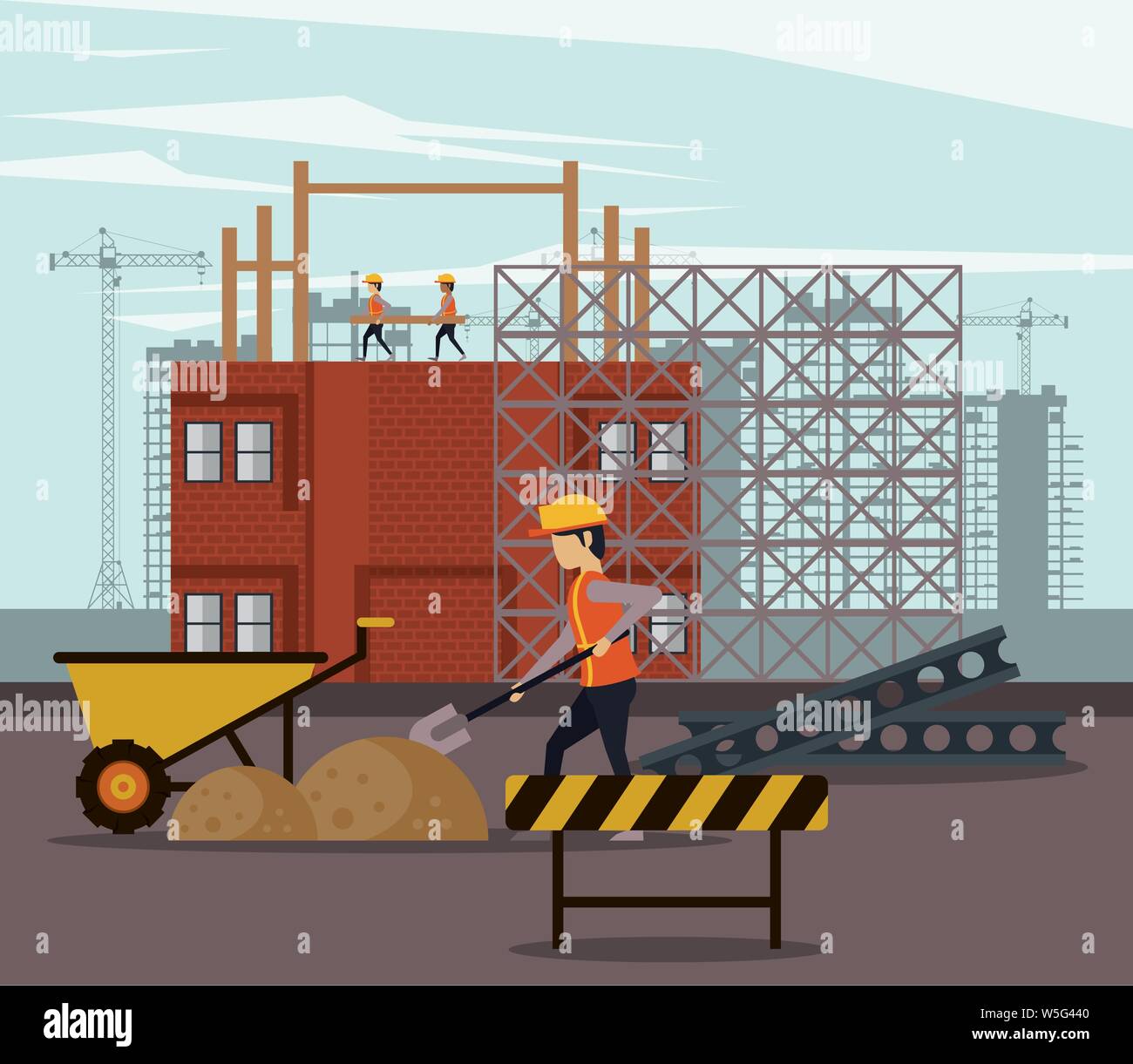 Under construction zone with workers Stock Vector