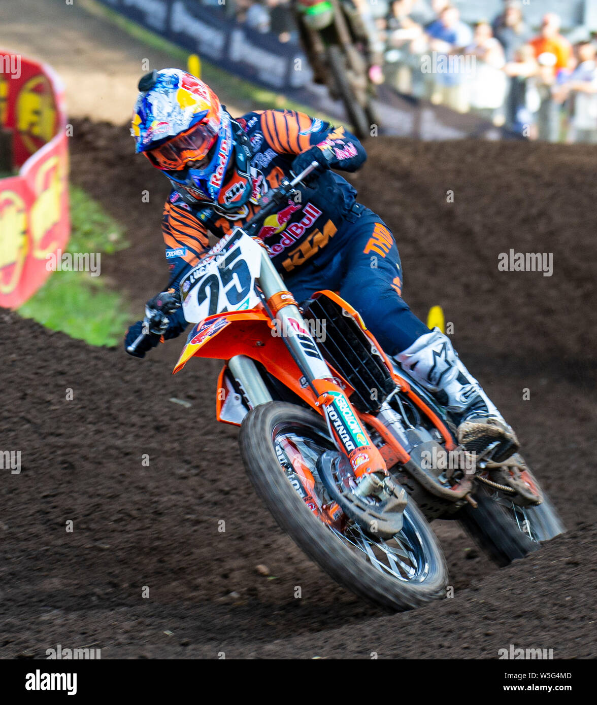 Washougal, WA USA. 27th July, 2019. # 25 Marvin Musqin coming out of section17 section during the Lucas Oil Pro Motocross Washougal National 450 class championship at Washougal MX park Washougal, WA Thurman James/CSM/Alamy Live News Stock Photo