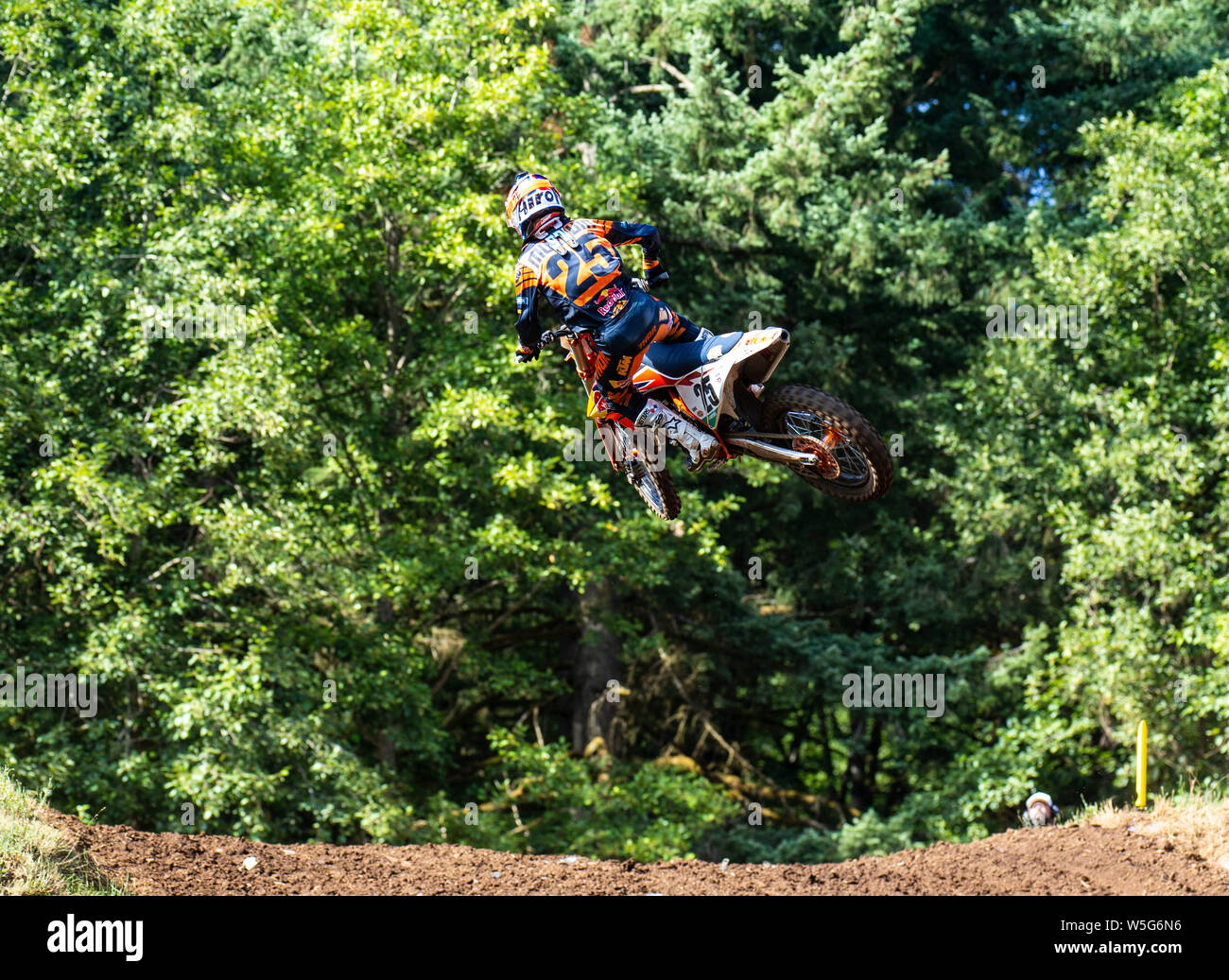 Washougal, WA USA. 27th July, 2019. # 25 Marvin Musqin gets air going up hill between section 18 and 19 section during the Lucas Oil Pro Motocross Washougal National 450 class championship at Washougal MX park Washougal, WA Thurman James/CSM/Alamy Live News Stock Photo