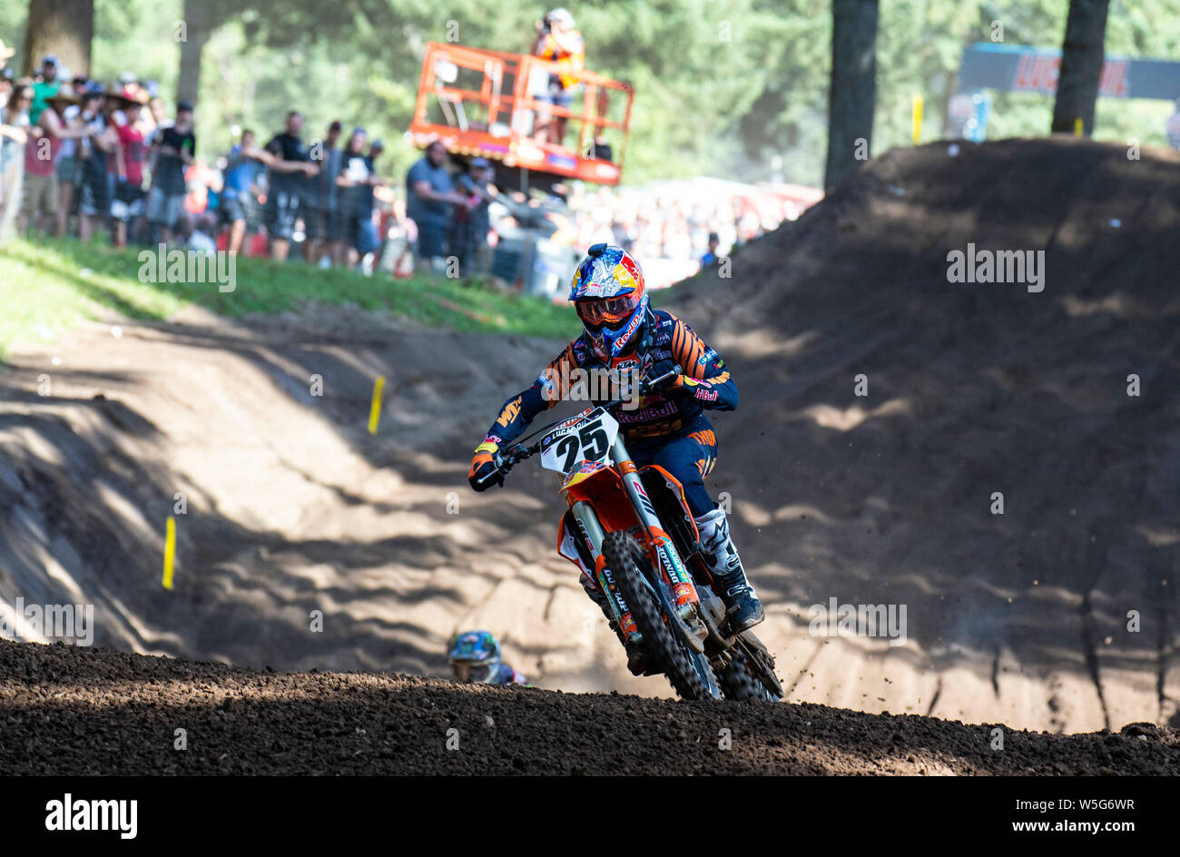 Washougal, WA USA. 27th July, 2019. # 25 Marvin Musqin coming out of section 16 section during the Lucas Oil Pro Motocross Washougal National 450 class championship at Washougal MX park Washougal, WA Thurman James/CSM/Alamy Live News Stock Photo