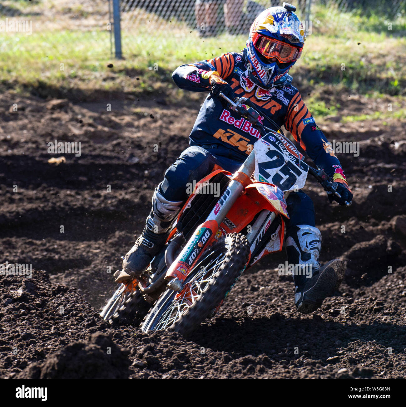 Washougal, WA USA. 27th July, 2019. # 25 Marvin Musqin coming out of section 31 section during the Lucas Oil Pro Motocross Washougal National 450 class championship at Washougal MX park Washougal, WA Thurman James/CSM/Alamy Live News Stock Photo