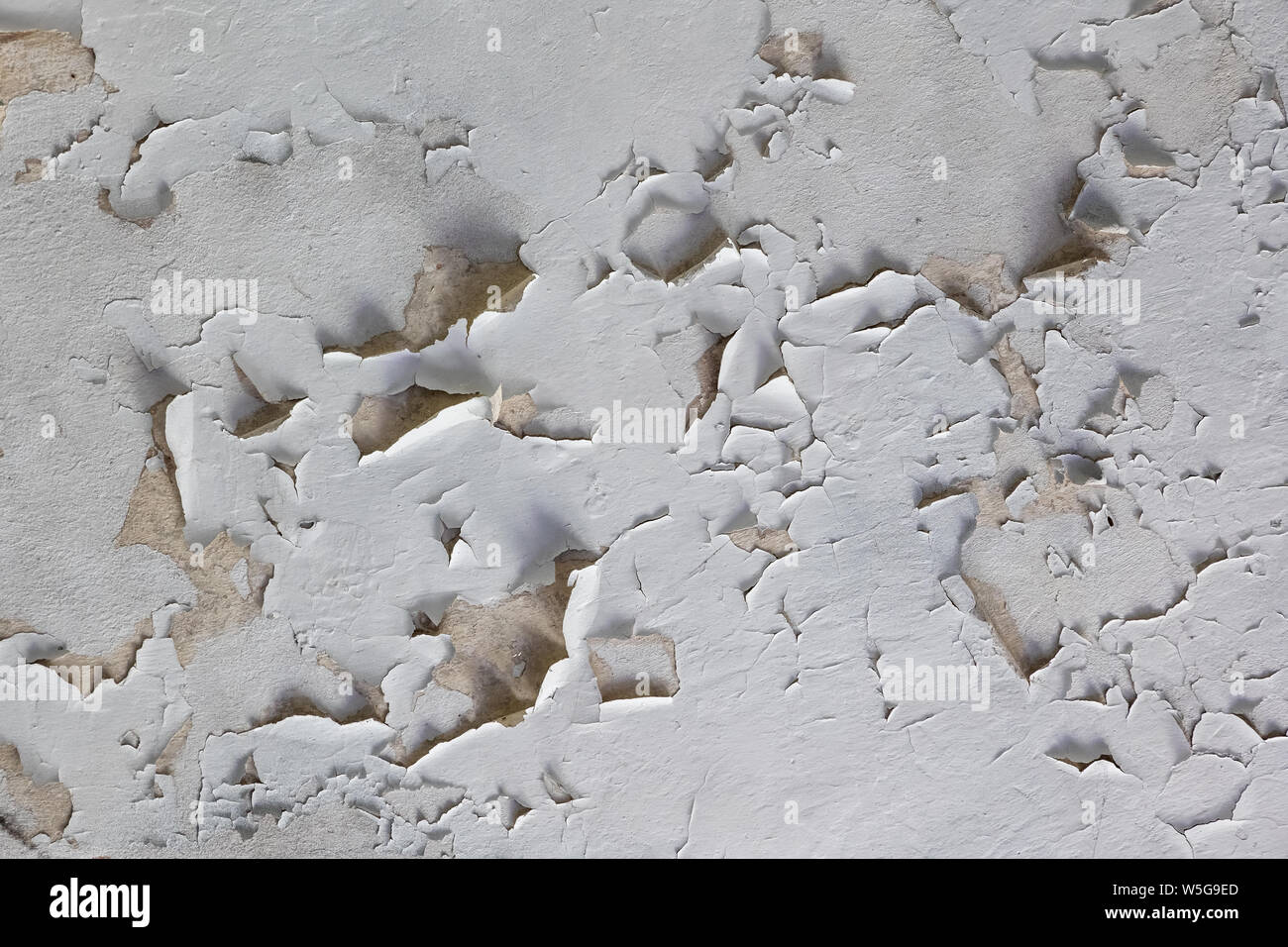 Background or texture of an old flaky white paint peeling off a ceiling in abandoned building Stock Photo