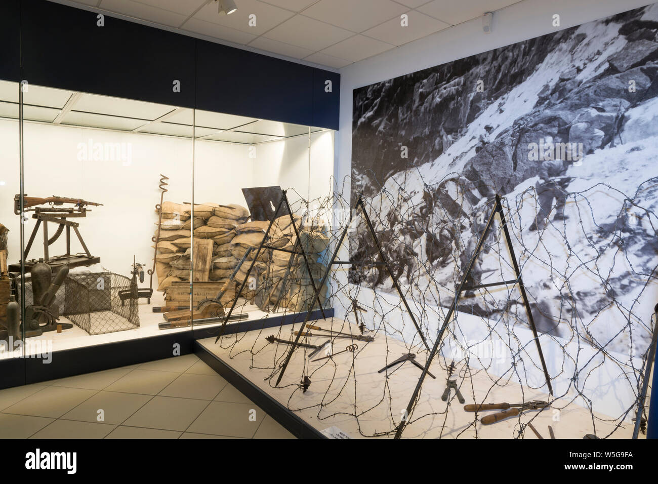 Italy, Lombardy, Camonica Valley, Temù, WWI Museum (the White War Museum), italian army placement on the Adamello mountain and barbed wire during WW I Stock Photo