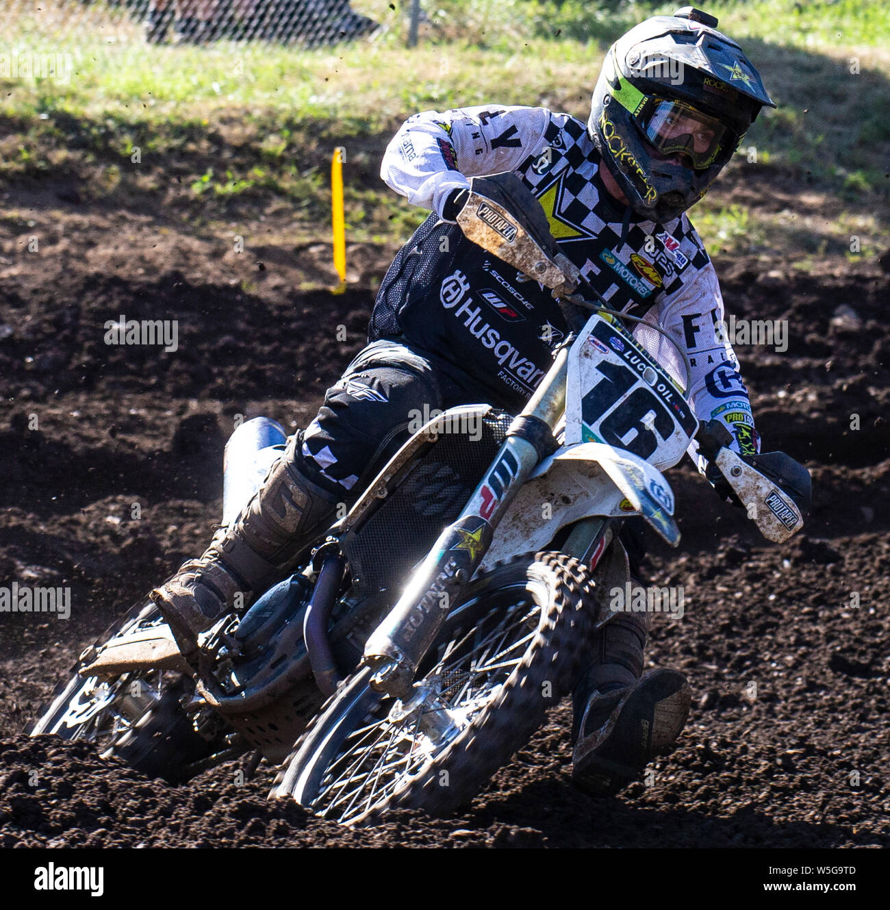 Washougal, WA USA. 27th July, 2019. # 16 Zach Osborne coming out of turn 31 during the Lucas Oil Pro Motocross Washougal National 450 class championship at Washougal MX park Washougal, WA Thurman James/CSM/Alamy Live News Stock Photo