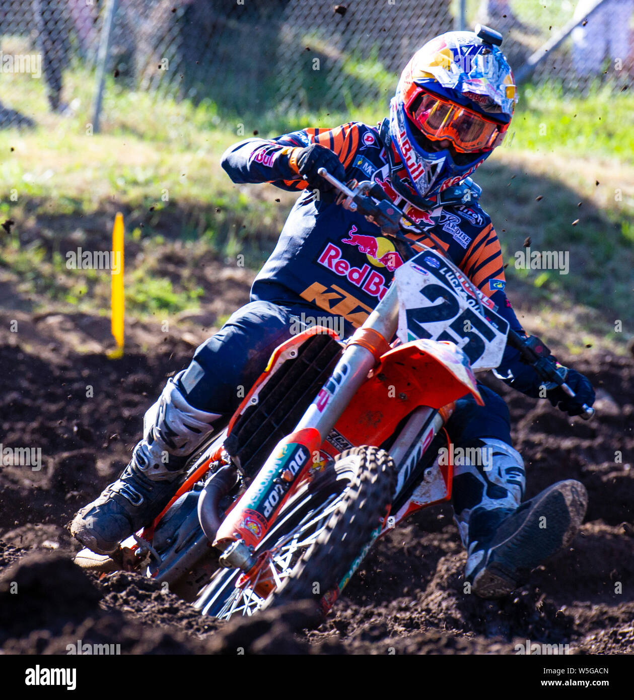 Washougal, WA USA. 27th July, 2019. # 25 Marvin Musqin coming out of section 31 section during the Lucas Oil Pro Motocross Washougal National 450 class championship at Washougal MX park Washougal, WA Thurman James/CSM/Alamy Live News Stock Photo