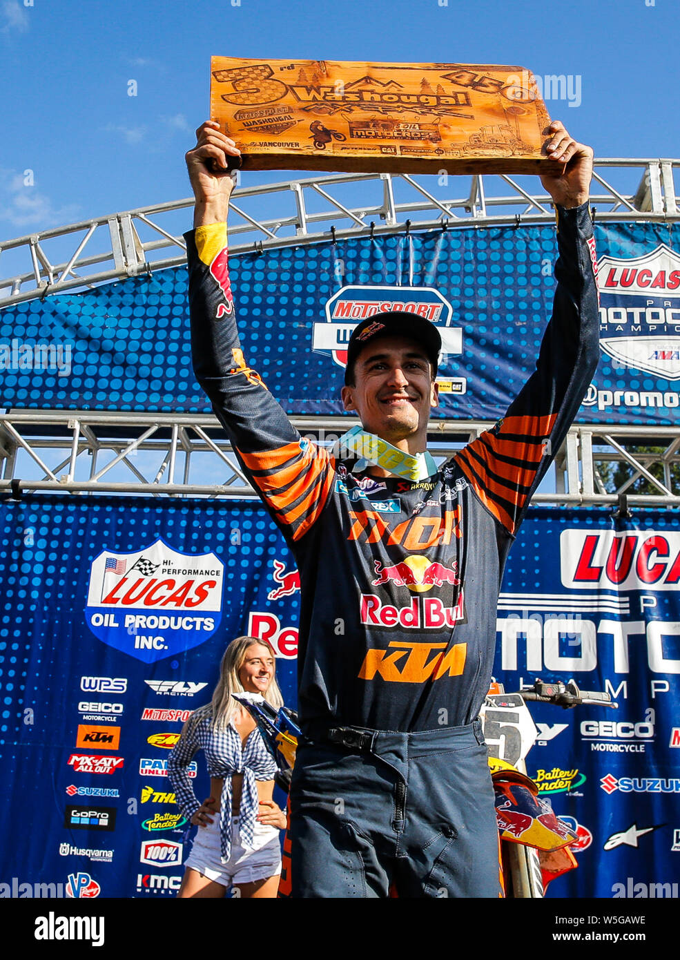 Washougal, WA USA. 27th July, 2019. # 25 Marvin Musqin hold up his 3rd place plaque after the Lucas Oil Pro Motocross Washougal National 450 class championship at Washougal MX park Washougal, WA Thurman James/CSM/Alamy Live News Stock Photo