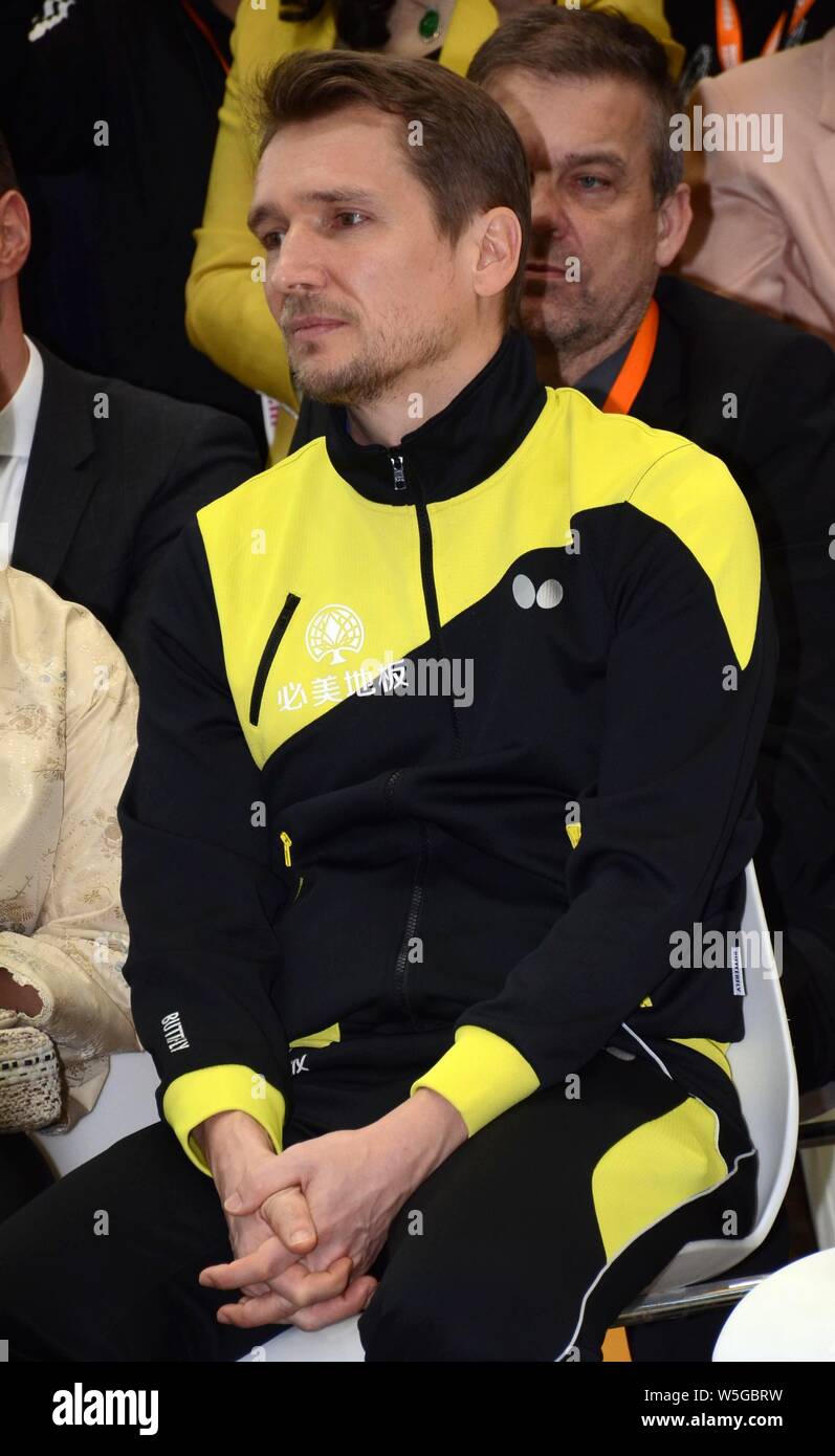 Austrian table tennis player Werner Schlager attends a brand event in Shanghai, China, 26 March