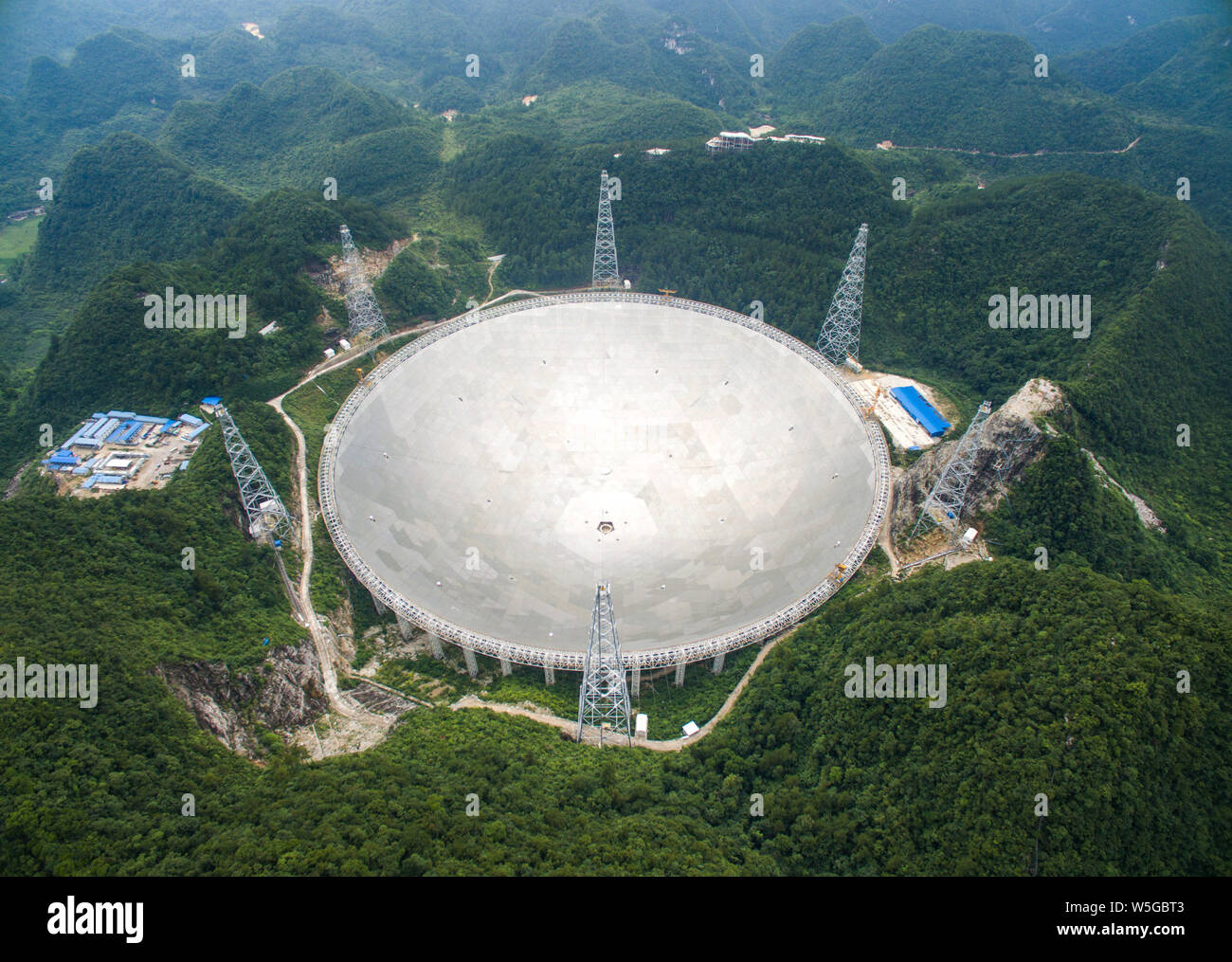 Aerial view of the world's largest radio telescope called FAST (Five