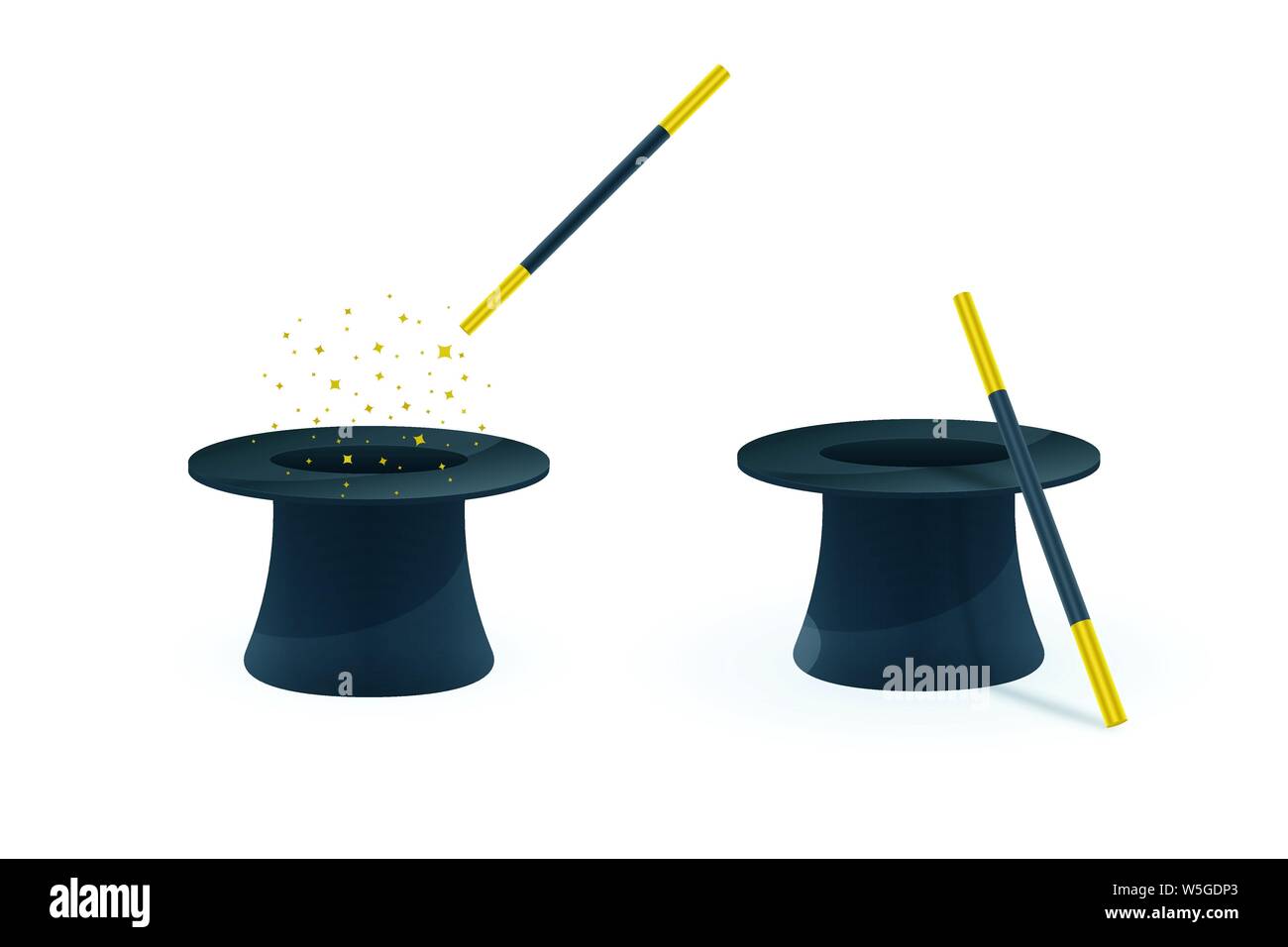 Magic wands and hats on white background. Magic vector icons. Stock Vector