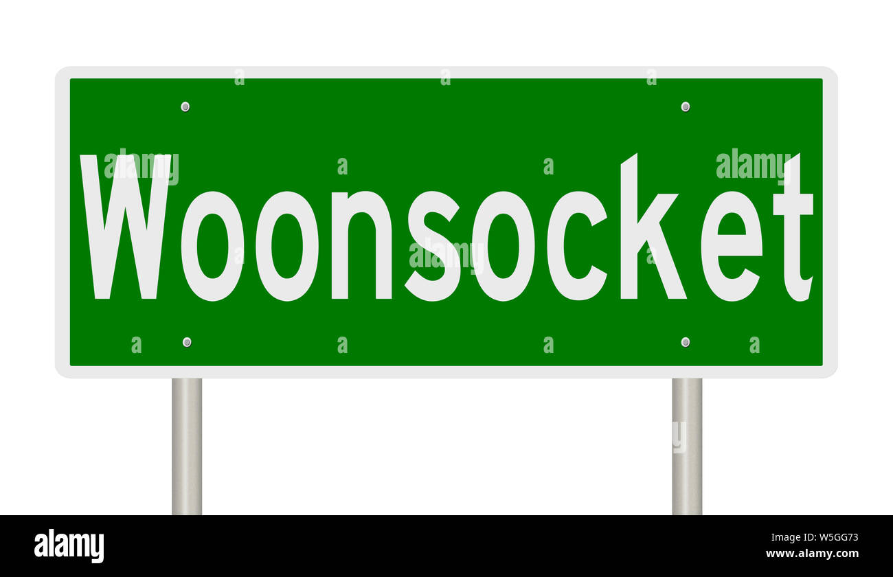 Rendering of a green highway sign for Woonsocket Rhode Island Stock Photo