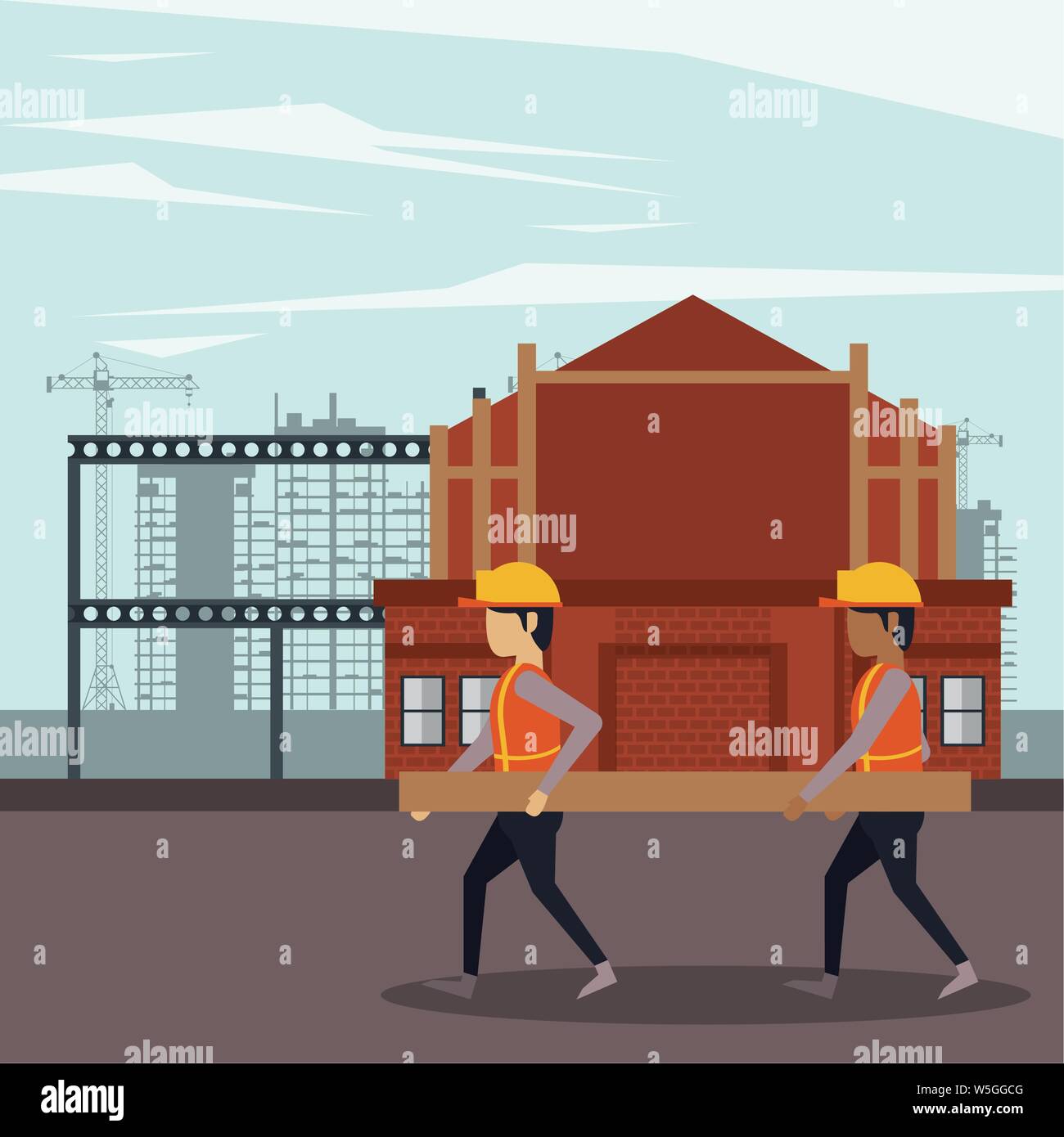 Under construction zone with workers Stock Vector