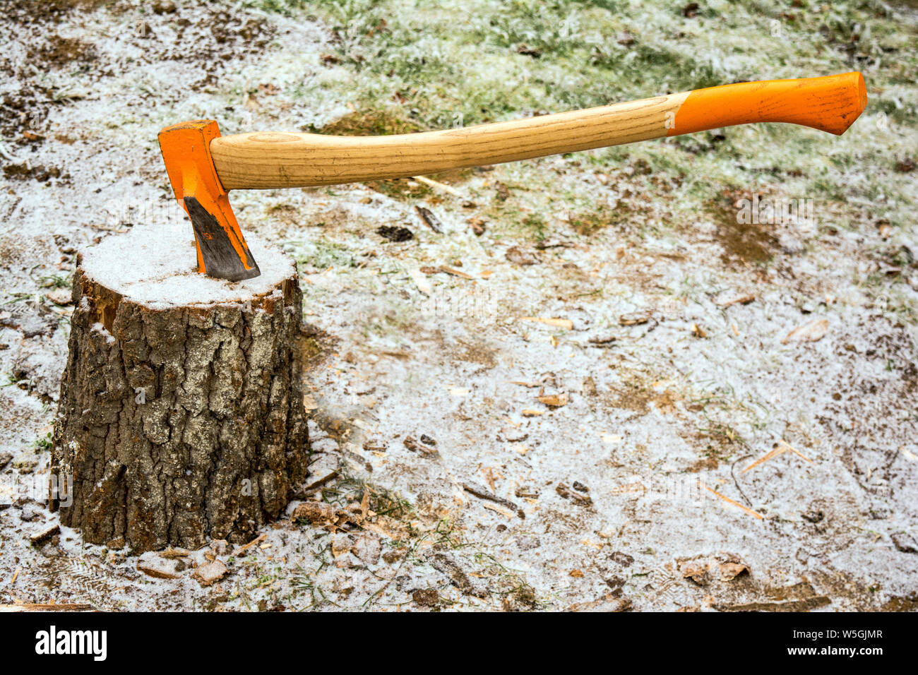 ax stuck in the stump winter season Stock Photo