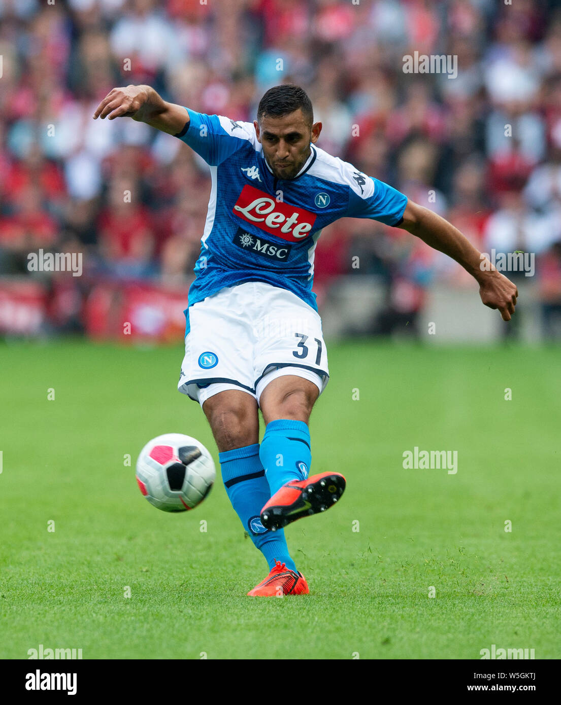 EDINBURGH, SCOTLAND - JULY 28:  Napoli Left-Back, Faouzi Ghoulam, shoots during the Pre-Season Friendly match between Liverpool FC and SSC Napoli at Murrayfield on July 28, 2019 in Edinburgh, Scotland. (Photo by MB Media) Stock Photo