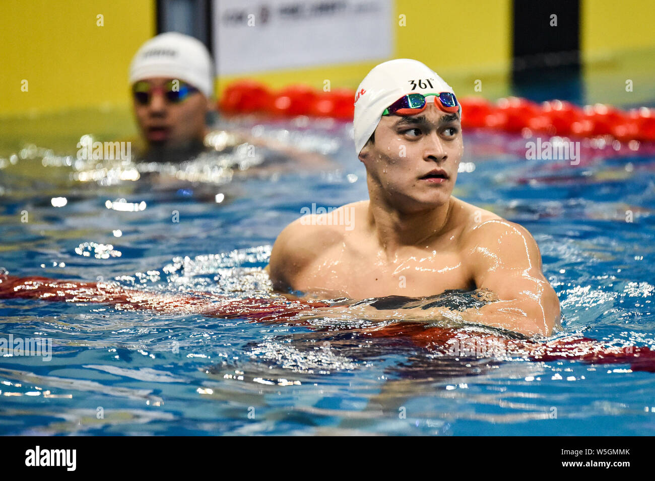 Chinese swimming Olympic champion Sun Yang reacts after winning the men ...