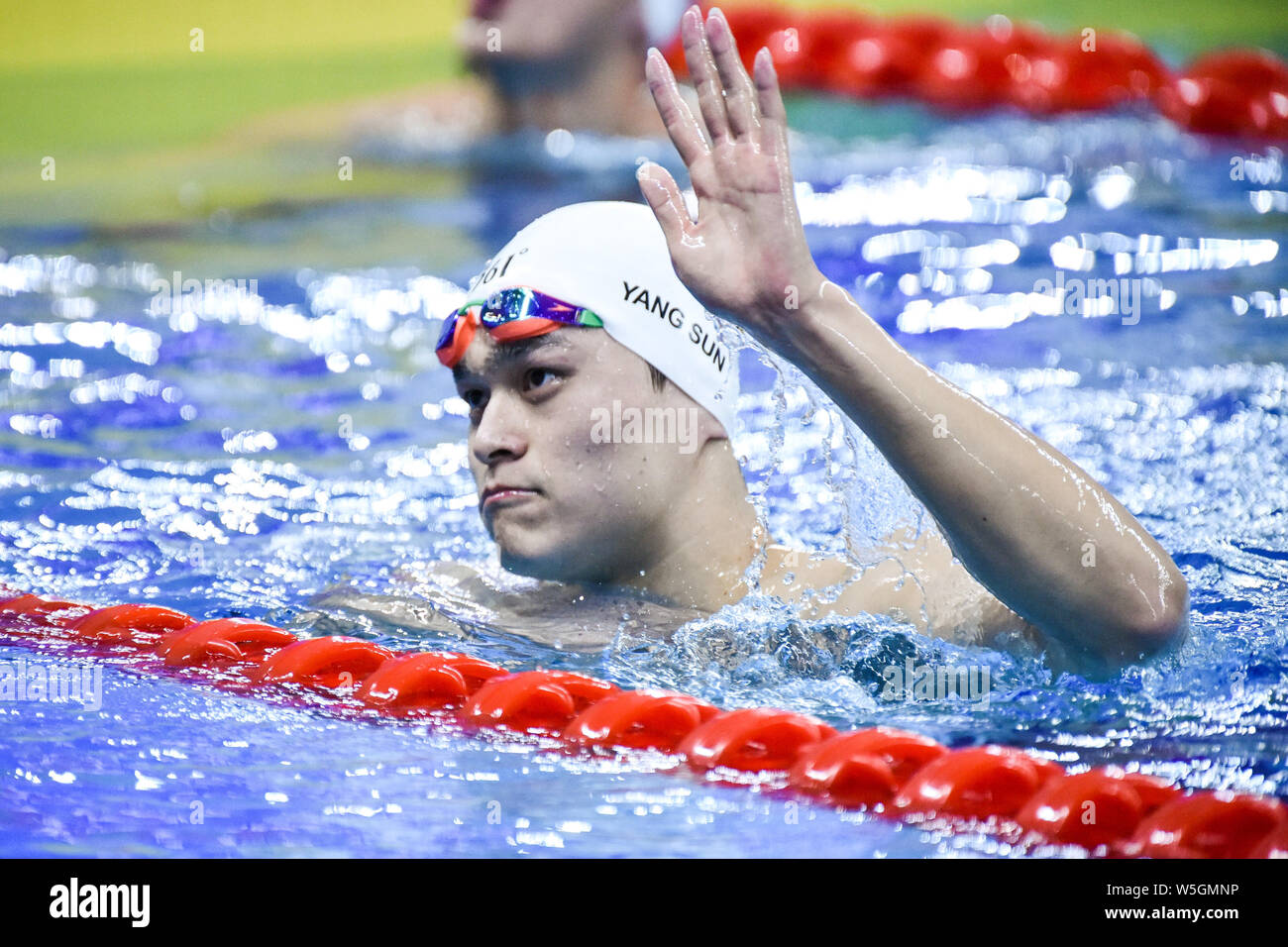 Chinese swimming Olympic champion Sun Yang reacts after winning the men ...