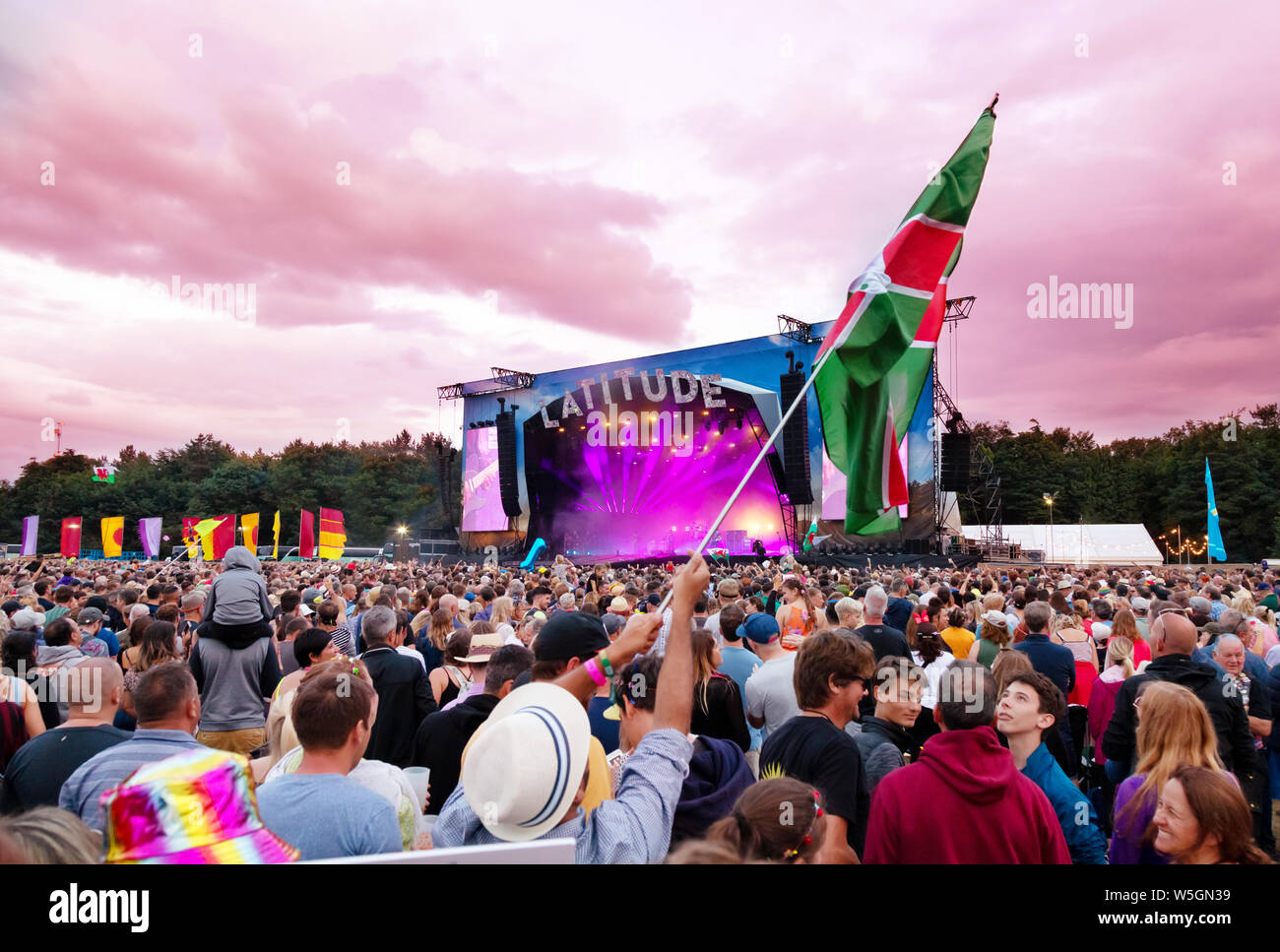 Latitude Festival UK - audience watching the Stereophonics on the main Obelisk Stage at sunset, the Arena, Suffolk Latitude Music Festival UK 2019 Stock Photo