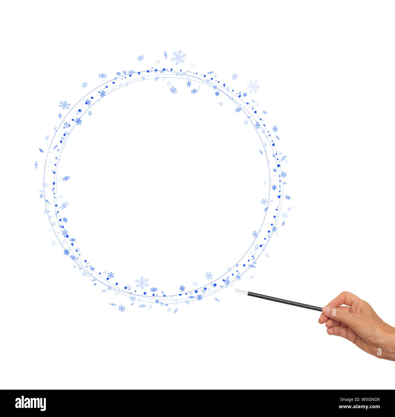 Christmas magic wand in hand with blue snowflakes, circles for frame, border. White background. Stock Photo