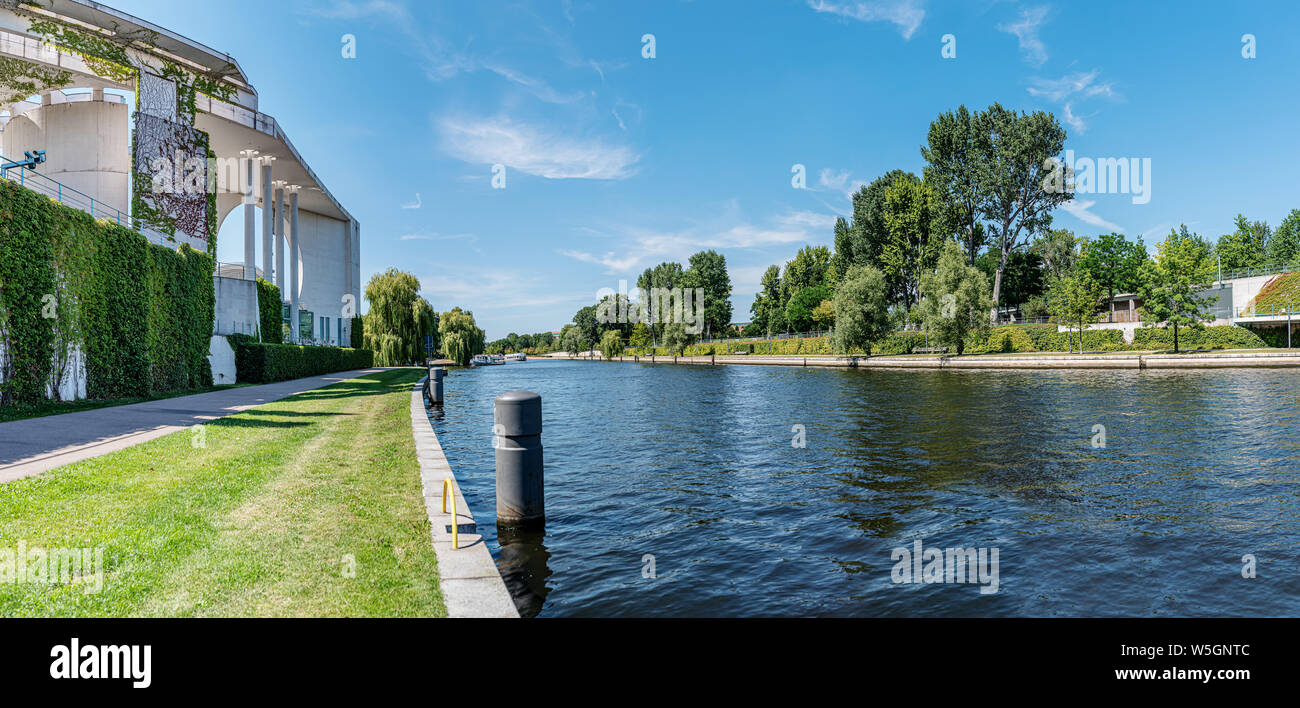 panoramic view of Spree river near Federal Chancellery in Berlin, Germany on sunny day in summer Stock Photo