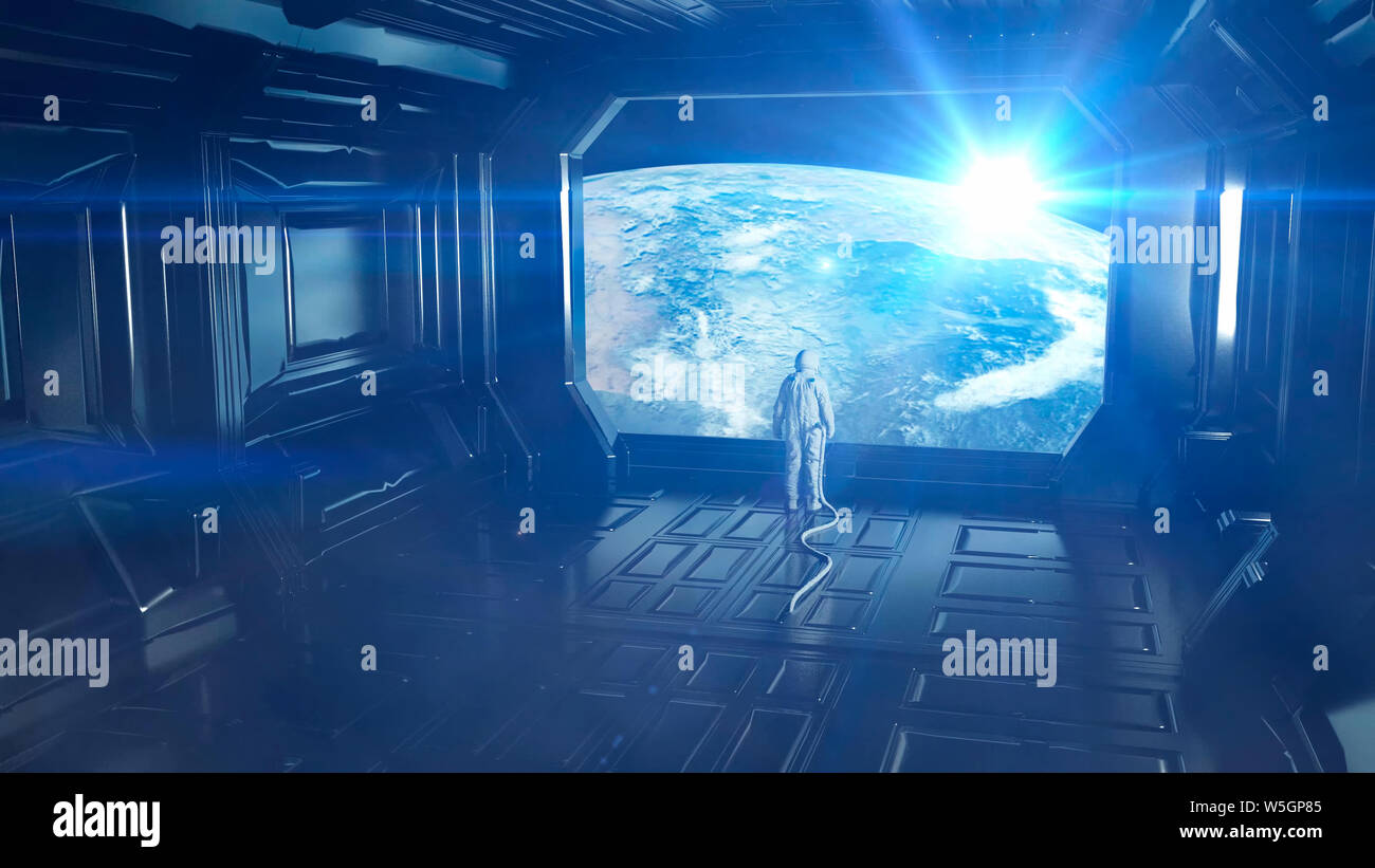 Alone Astronaut In Futuristic Interior Sci Fi Room View Of