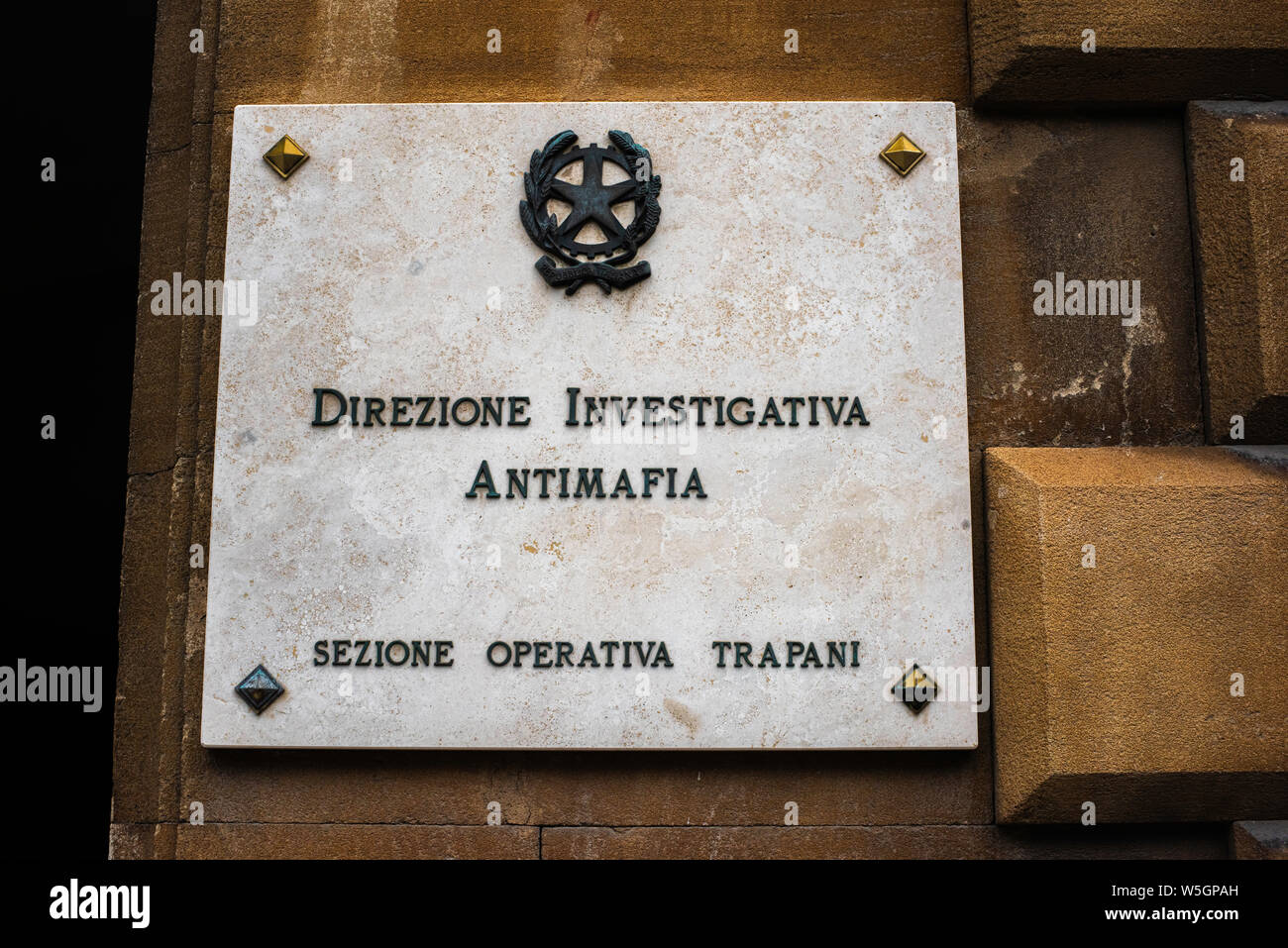 Plaque at entrance to the Anti-Mafia office, Trapani, Sicily Stock Photo