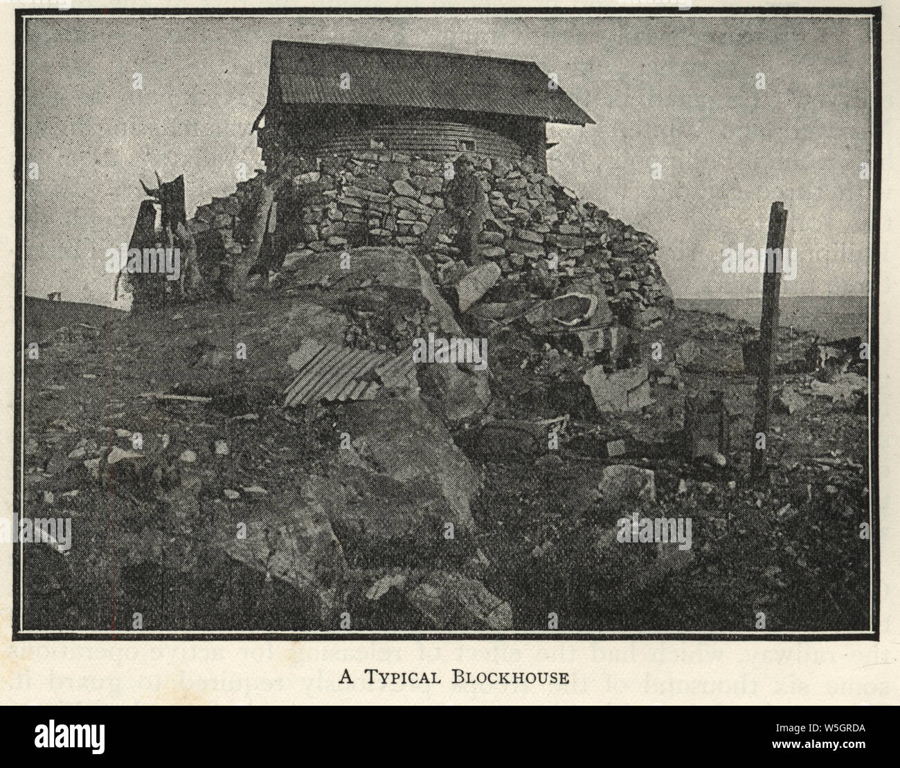 Second Boer War, British blockhouse made of Corrugated iron and stone. In military science, a blockhouse is a small fortification, usually consisting of one or more rooms with loopholes, allowing its defenders to fire in various directions Stock Photo
