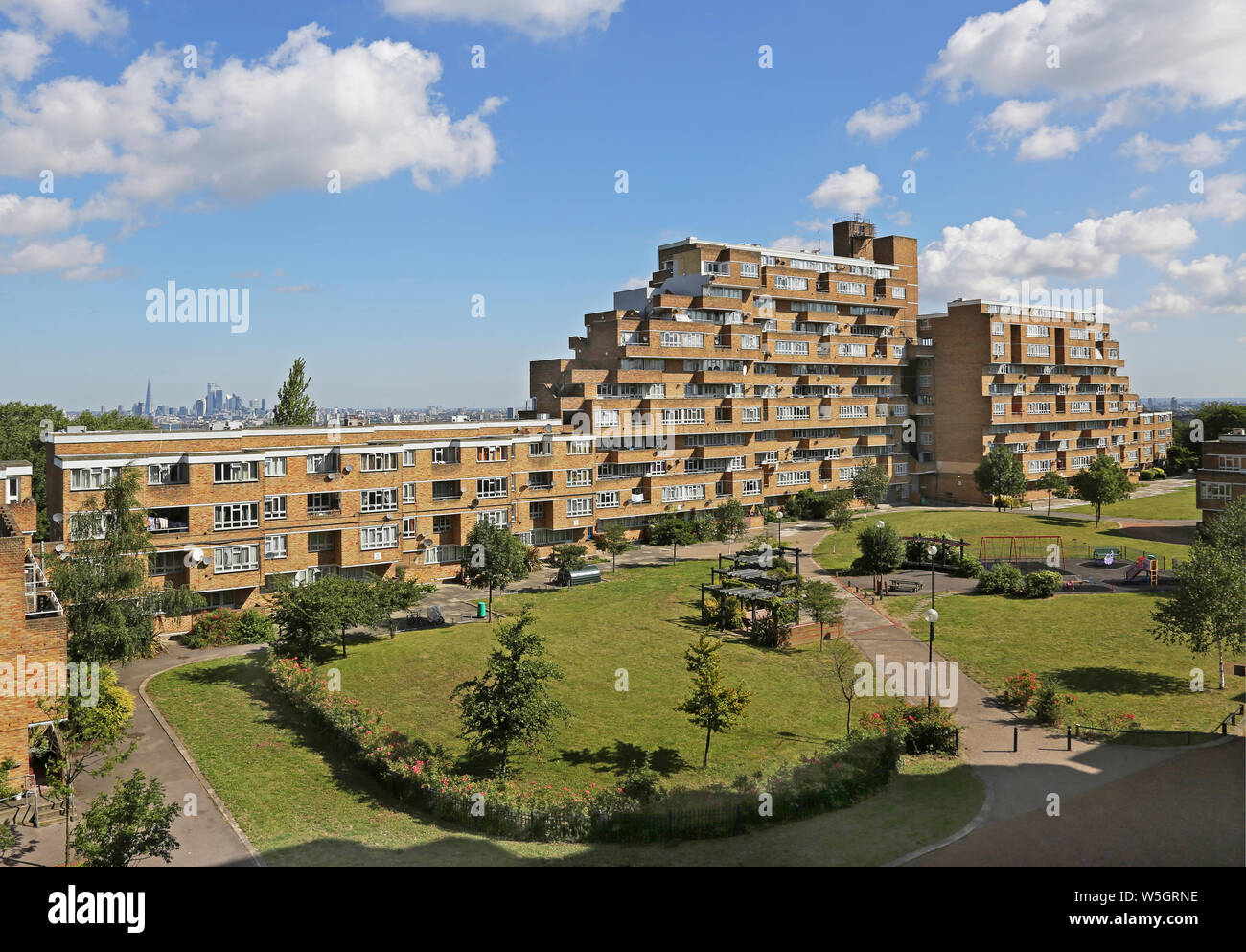 Dawson's Heights, the famous 1960s public housing project in South London, designed by Kate Macintosh. Ladlands block viewed from the south. Stock Photo