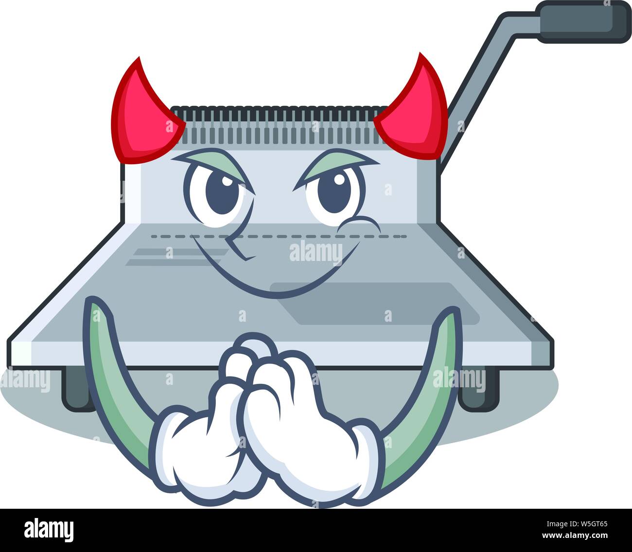 Devil binding machine above wood table cartoon vector illustration ...