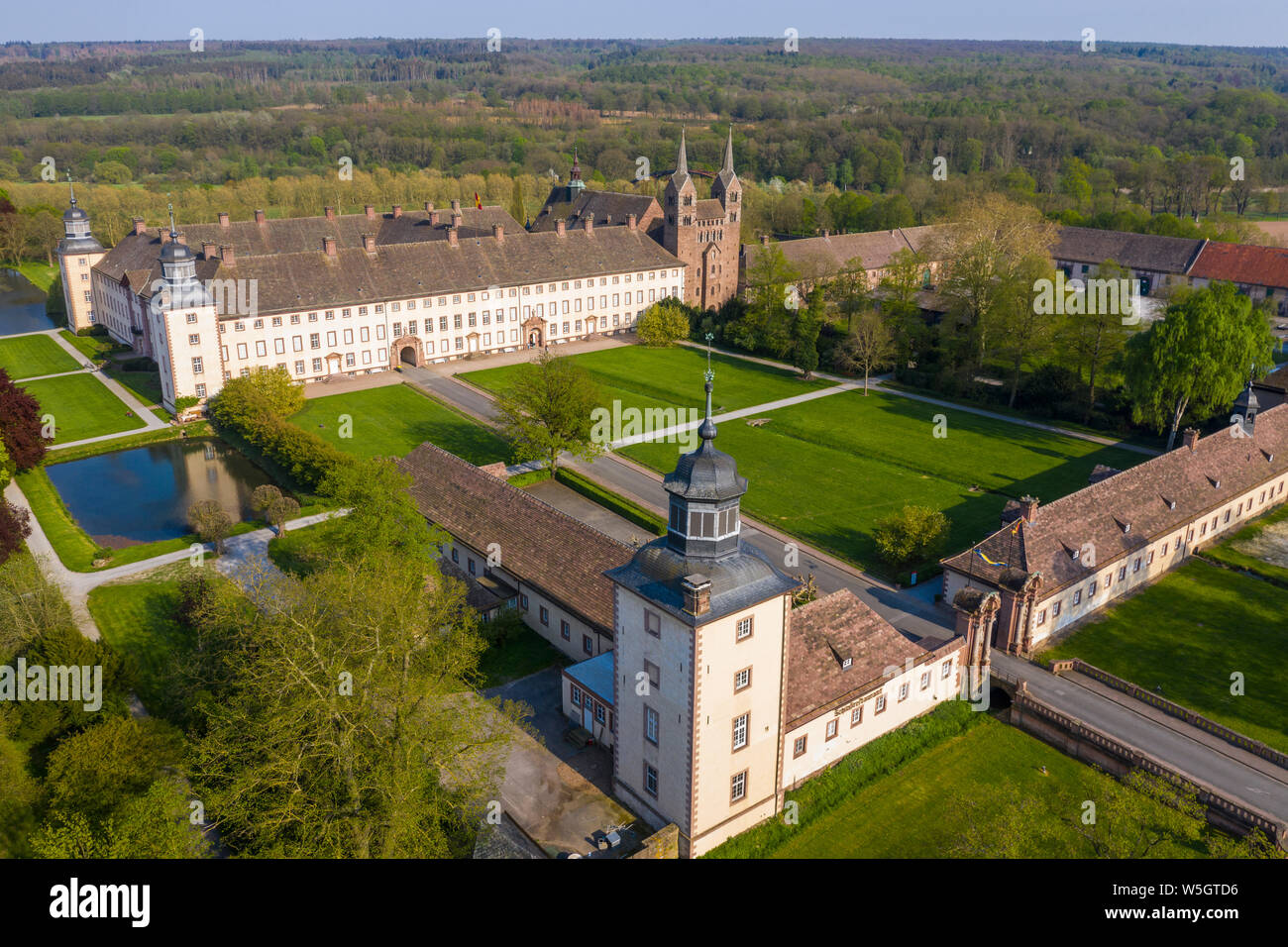 Aerial of the Princely Abbey of Corvey, UNESCO World Heritage Site, North Rhine-Westphalia, Germany, Europe Stock Photo