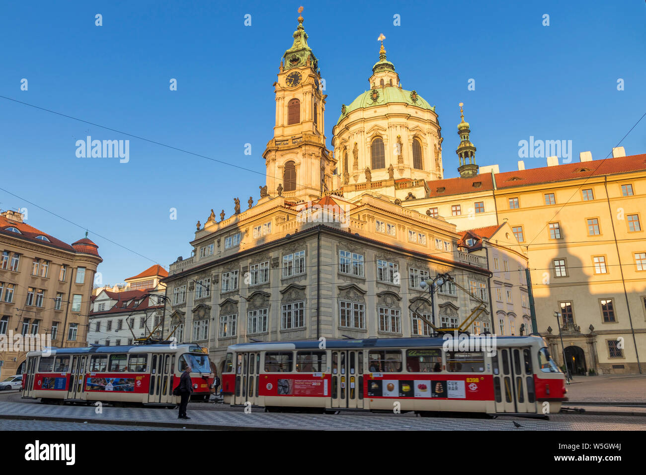 The famous tram no. 22 passing the Malostranske Namesti Square and St. Nicholas Church, Prague, Bohemia, Czech Republic, Europe Stock Photo