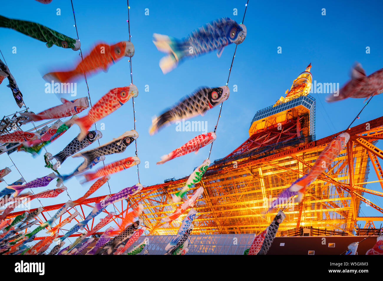 Koi nobori kites, Tokyo Tower, Roppongi, Tokyo, Japan, Asia Stock Photo