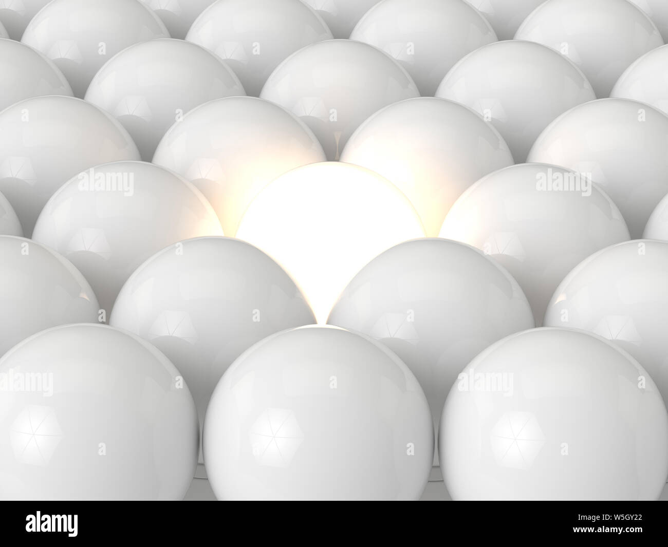 3d render of led light bulbs in row with one lighing Stock Photo