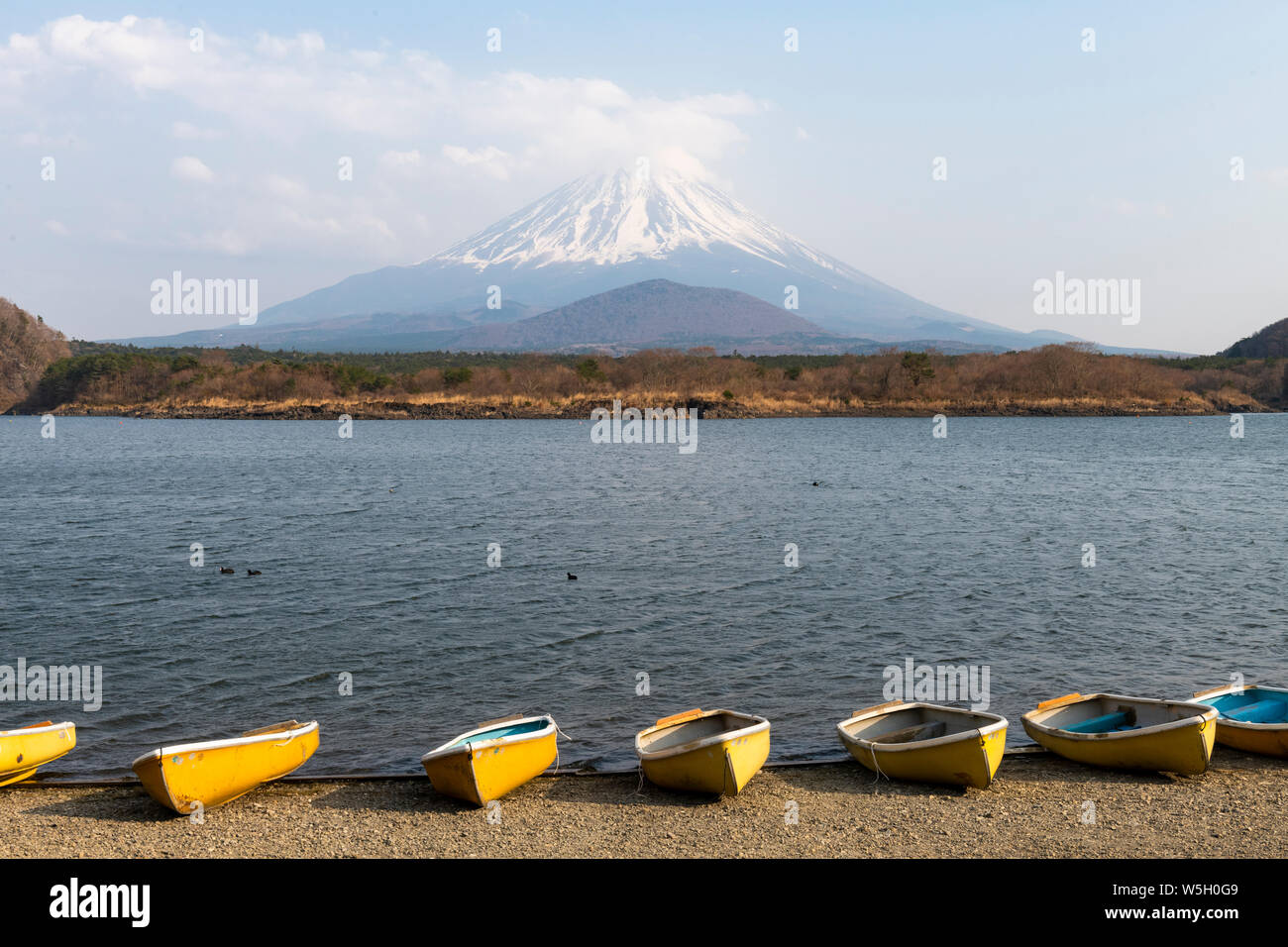 Boats, Lake Shoji, with Mount Fuji in distance, Japan, Asia Stock Photo