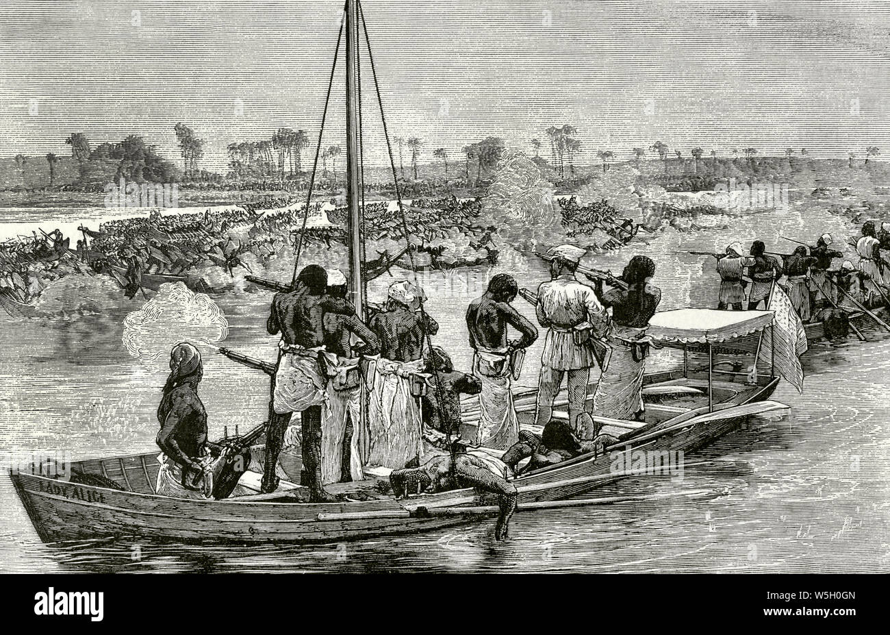Africa. Expedition of Stanley. Attack carried out by sixty-three canoes of pirates Bangalas. In the foreground the Lady ALice repelling aggression. Africa inexplorada, el Continente Misterioso by Henry Morton Stanley, c. 1887. Stock Photo