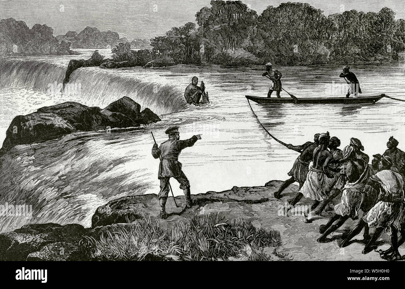 Central Africa. Desperate situation of the Zaide, who is rescued by captain Uledi, master of the canoe Lady Alice. Engraving. Africa inexplorada, el Continente Misterioso by Henry Morton Stanley, c. 1887. Stock Photo