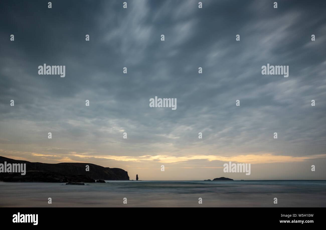 Am Buachaille sea stack at sunset, Sandwood Bay, Sutherland, Scotland, United Kingdom, Europe Stock Photo