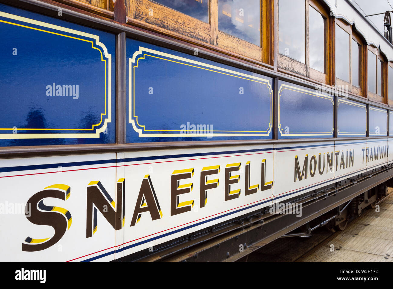 Snaefell Mountain Tramway electric railcar train number 1, built 1895. Laxey, Isle of Man, British Isles Stock Photo