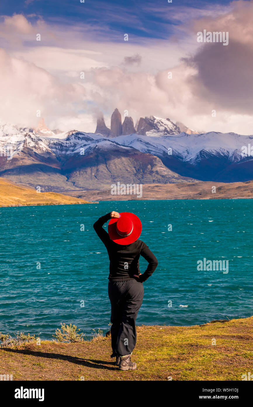 Enjoying the beautiful scenery of Torres del Paine National Park, Patagonia, Chile, South America Stock Photo